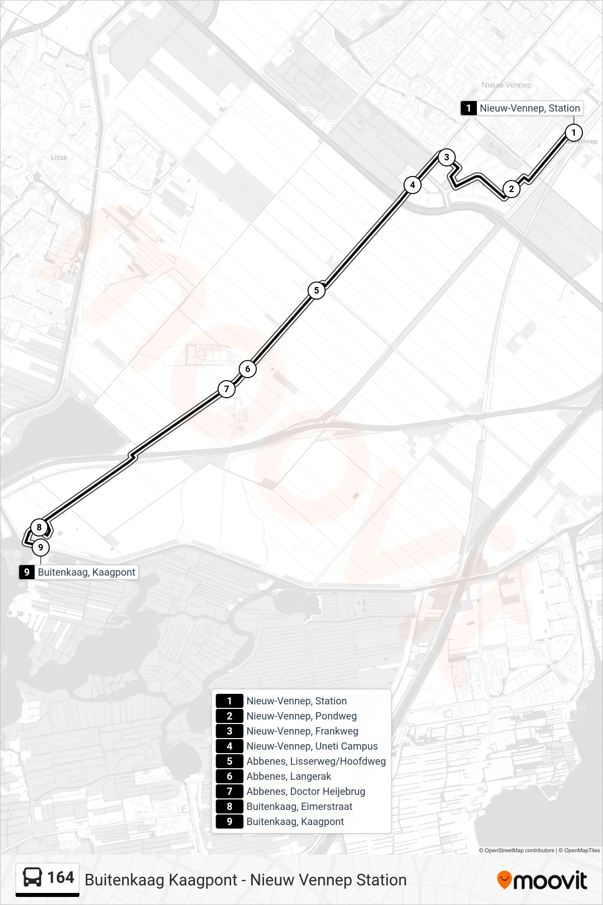 164 bus Line (Buitenkaag Kaagpont) route and stops on a map