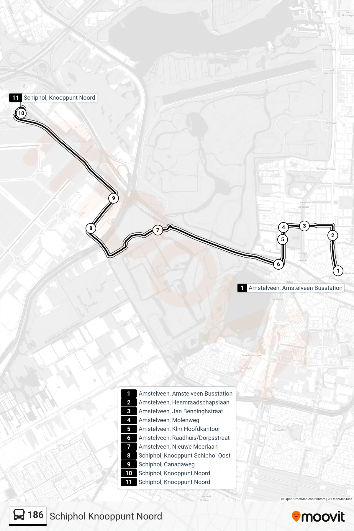 Lijn 186 (bus, Schiphol Knooppunt Noord): route en haltes op de kaart