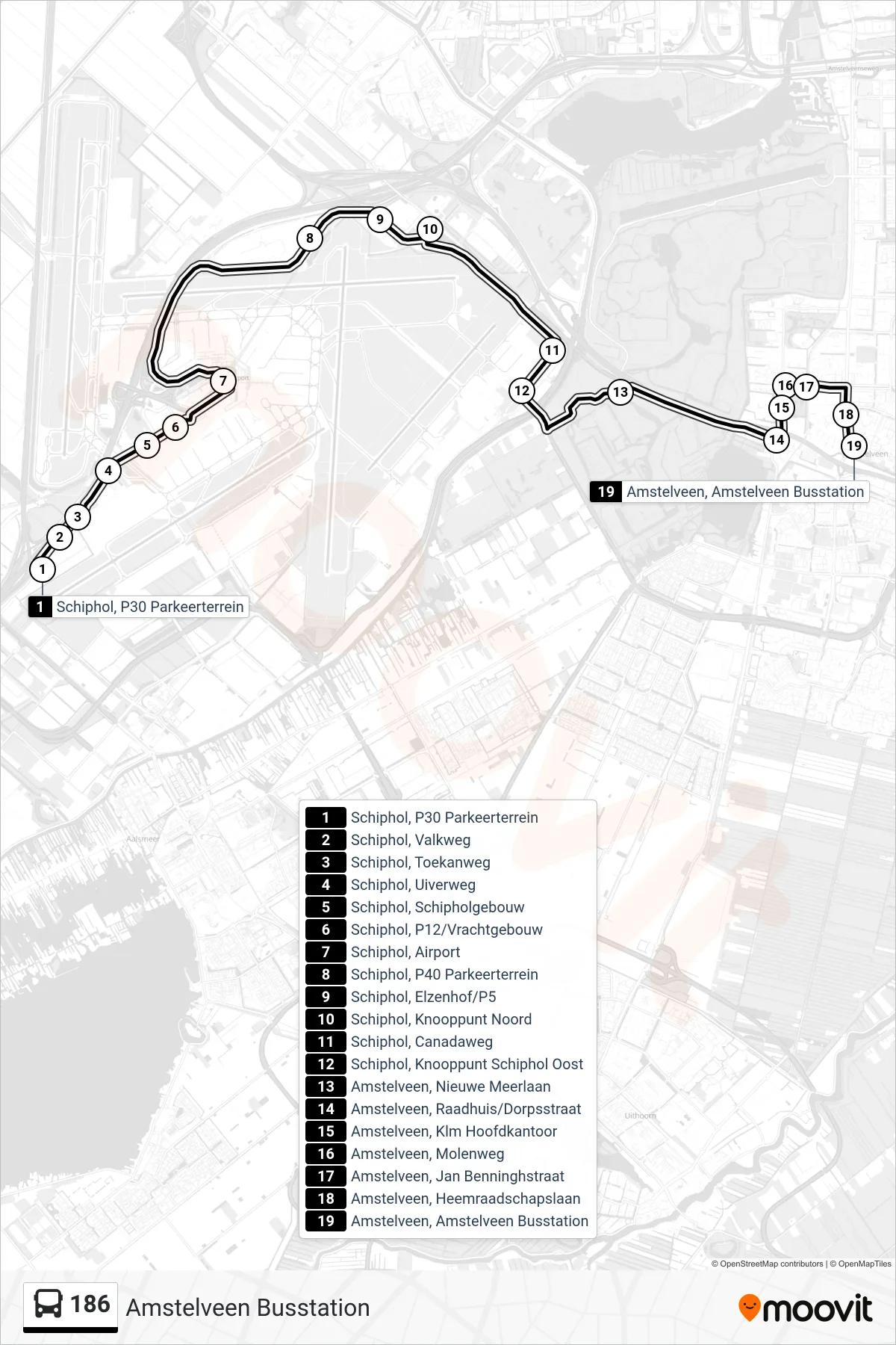 Lijn 186 (bus, Amstelveen Busstation): route en haltes op de kaart