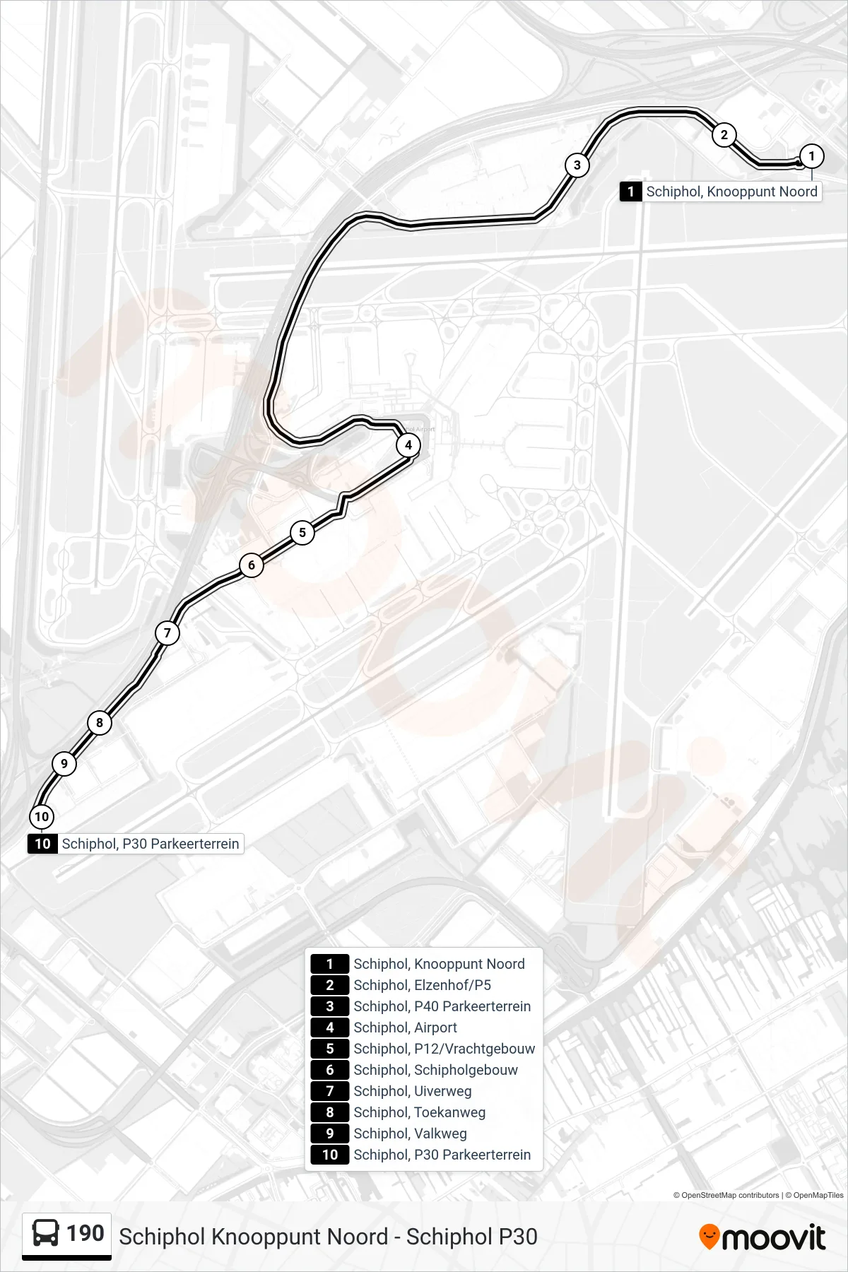 190 bus Line (Schiphol P30) route and stops on a map