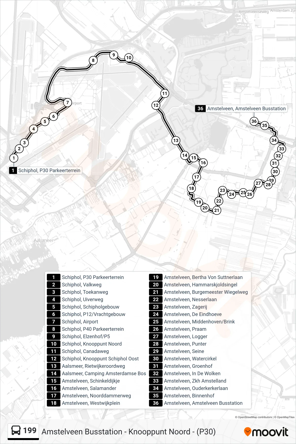 Lijn 199 (bus, Amstelveen Busstation): route en haltes op de kaart