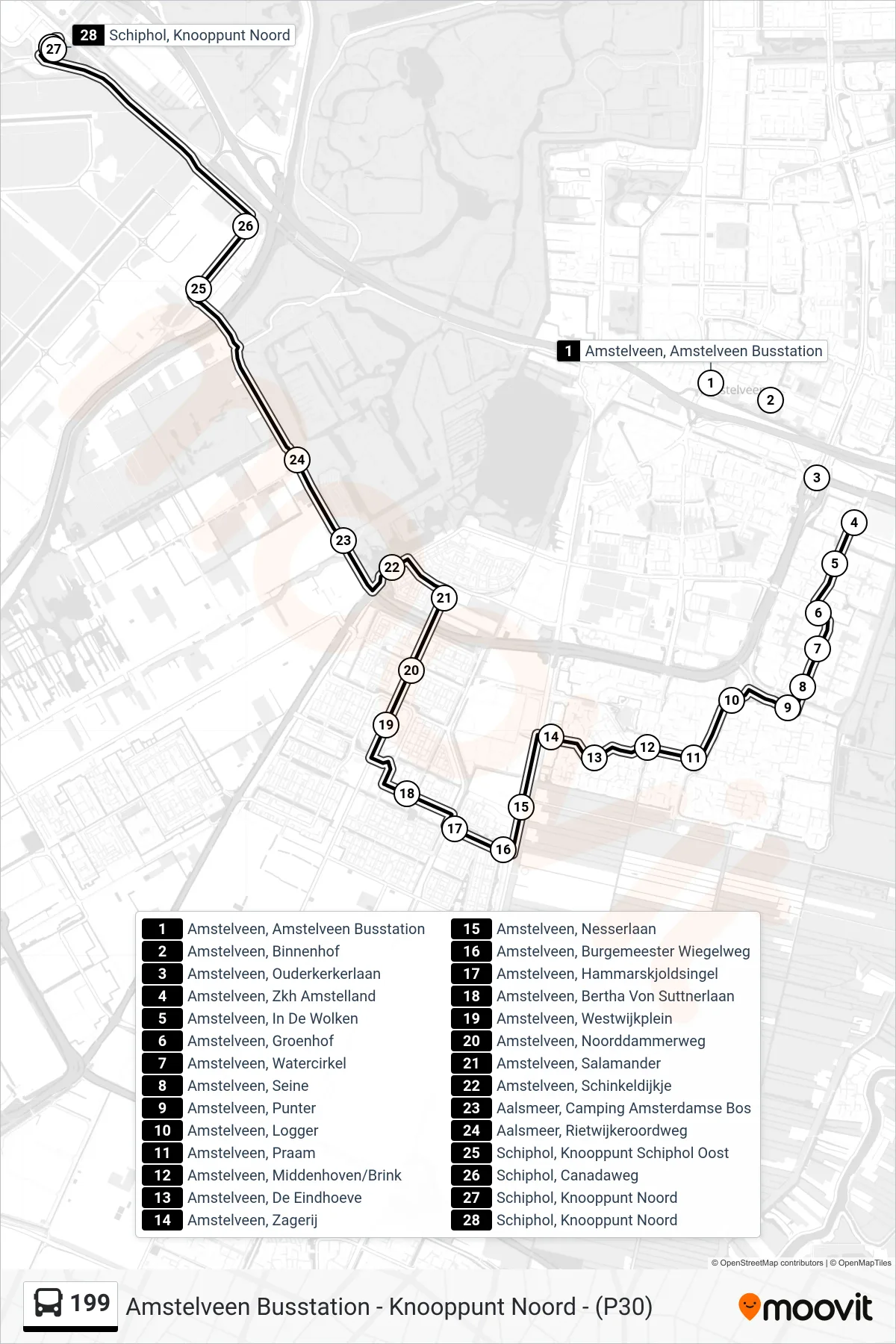 Lijn 199 (bus, Schiphol Knooppunt Noord): route en haltes op de kaart