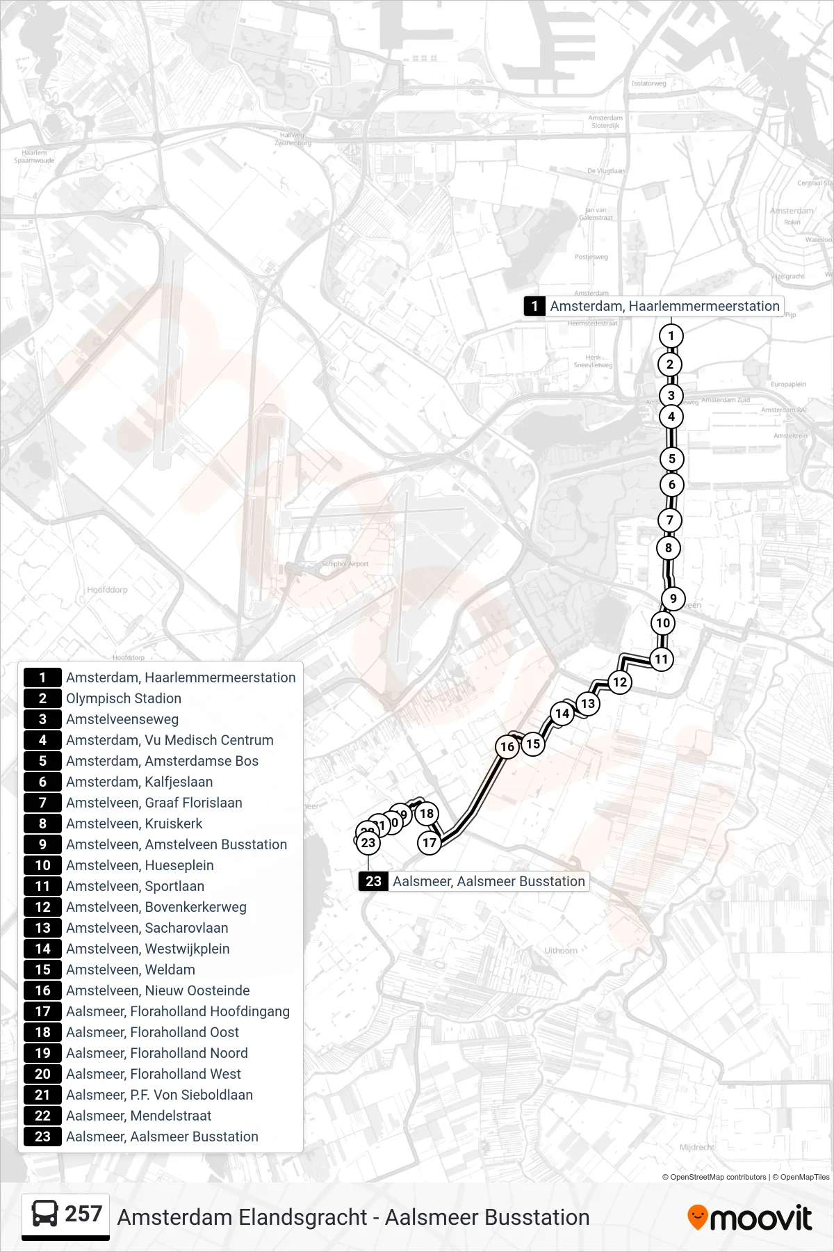 Lijn 257 (bus, Aalsmeer Busstation): route en haltes op de kaart