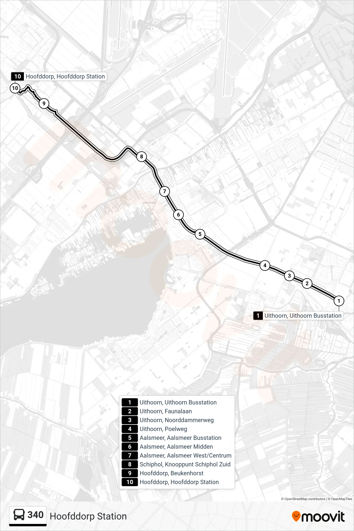 340 bus Line (Hoofddorp Station) route and stops on a map