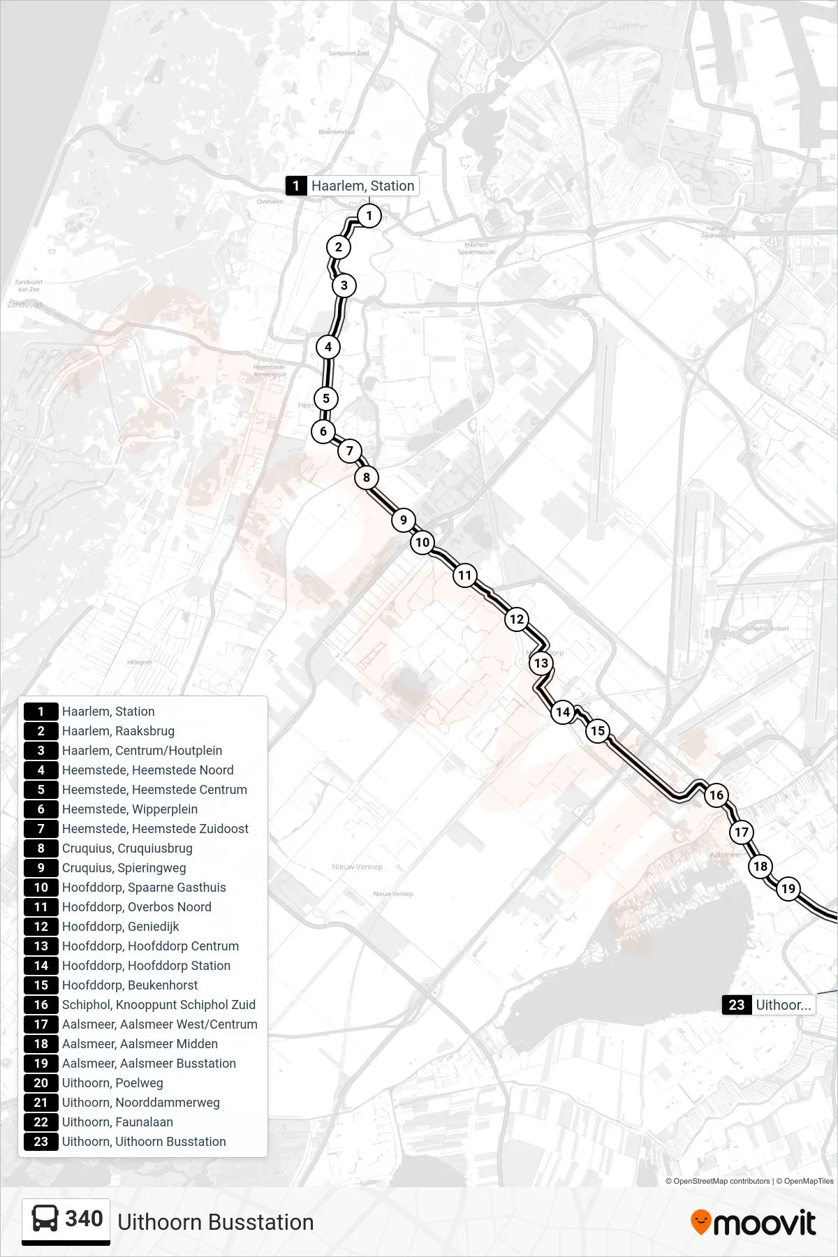 Lijn 340 (bus, Uithoorn Busstation): route en haltes op de kaart