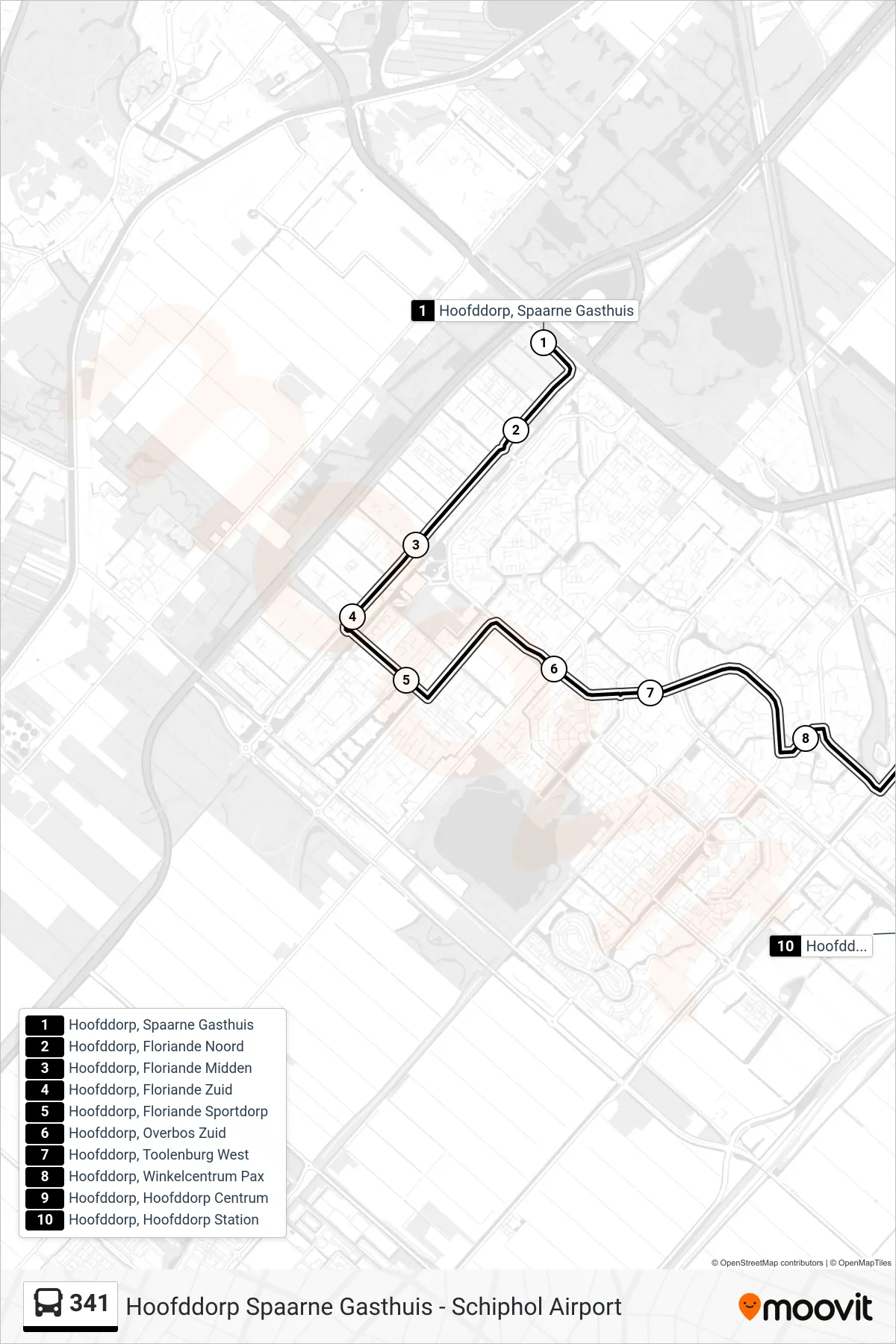 Lijn 341 (bus, Hoofddorp Station): route en haltes op de kaart