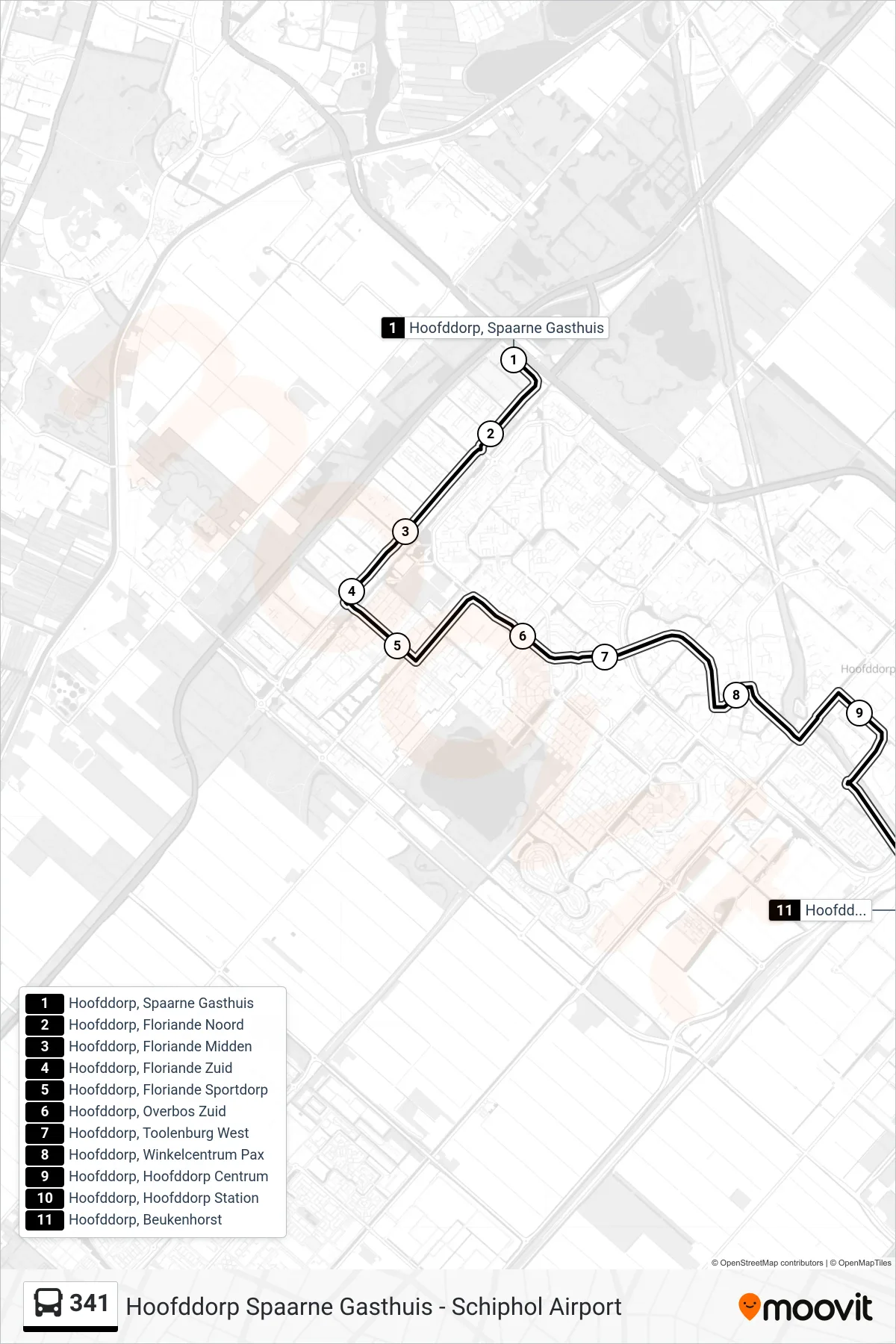 Lijn 341 (bus, Hoofddorp Beukenhorst): route en haltes op de kaart