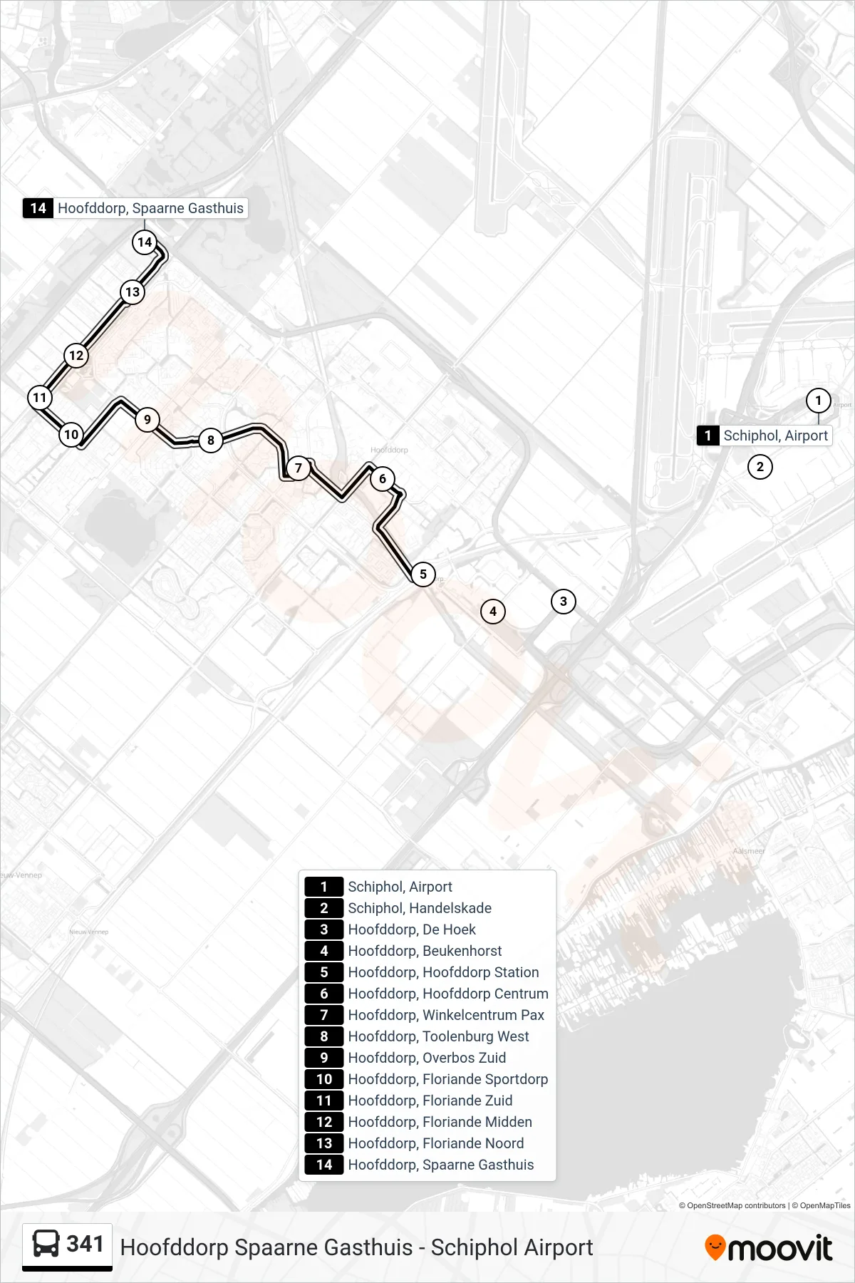 341 bus Line (Spaarne Gasthuis) route and stops on a map