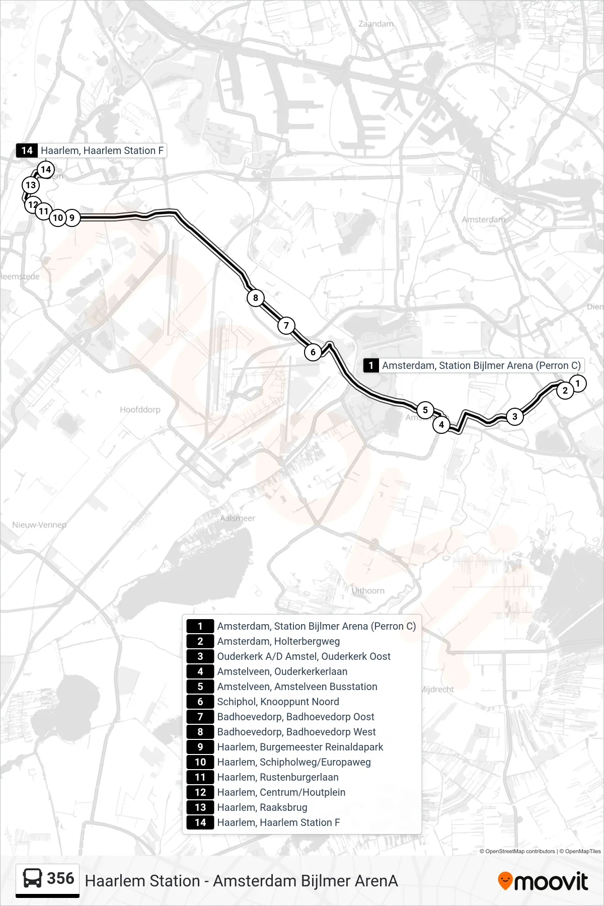 Lijn 356 (bus, Haarlem Station): route en haltes op de kaart