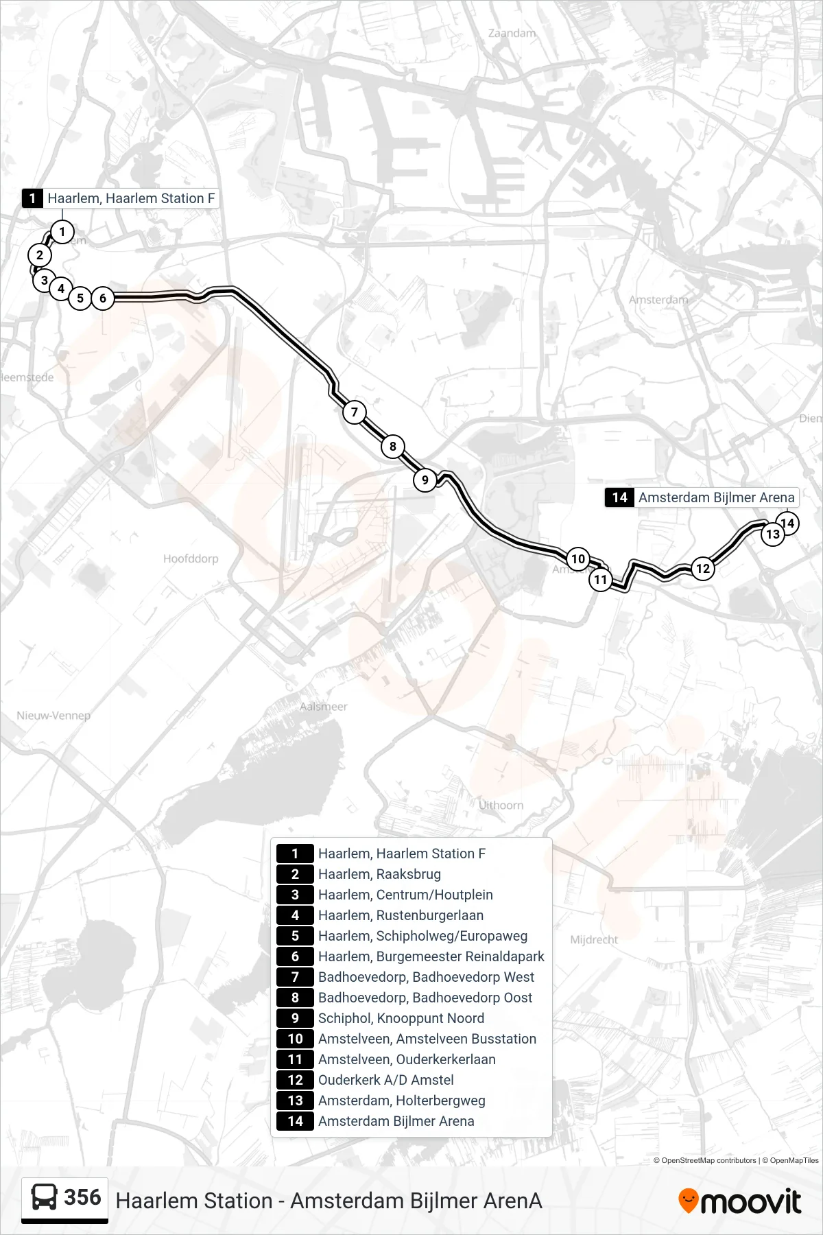 356 bus Line (Bijlmer Arena Amsterdam) route and stops on a map
