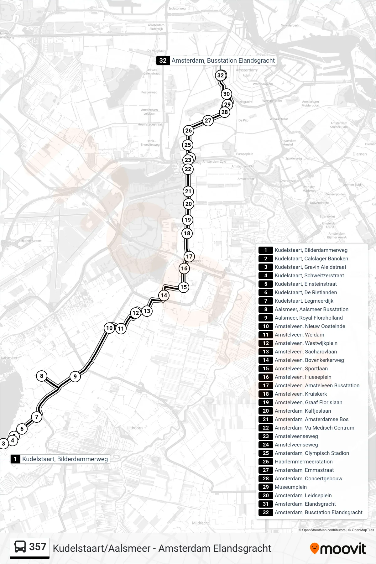 Lijn 357 (bus, Elandsgracht Amsterdam): route en haltes op de kaart
