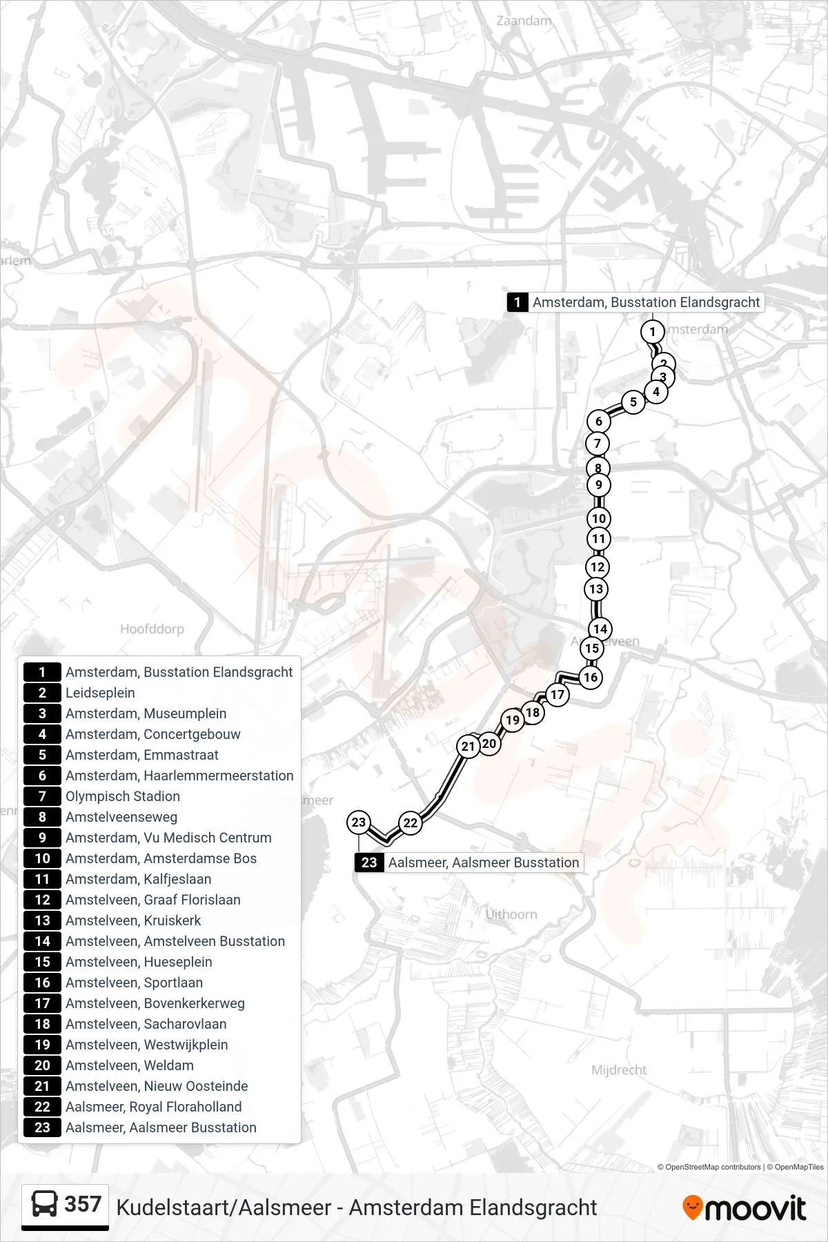 357 bus Line (Aalsmeer Busst.) route and stops on a map