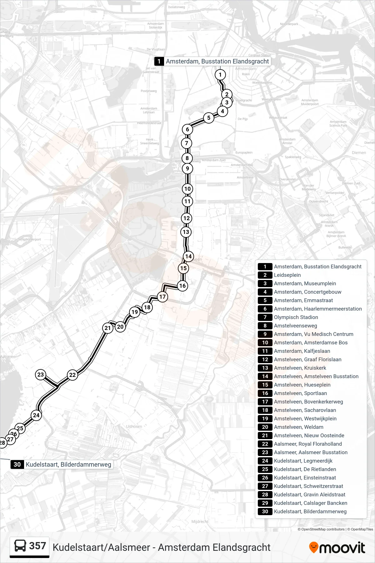 Lijn 357 (bus, Kudelstaart Bilderdammerweg): route en haltes op de kaart