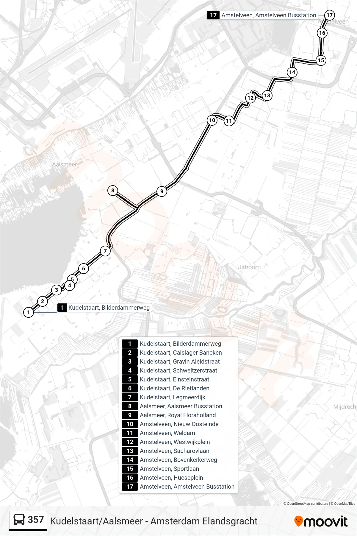 Lijn 357 (bus, Amstelveen Busstation): route en haltes op de kaart