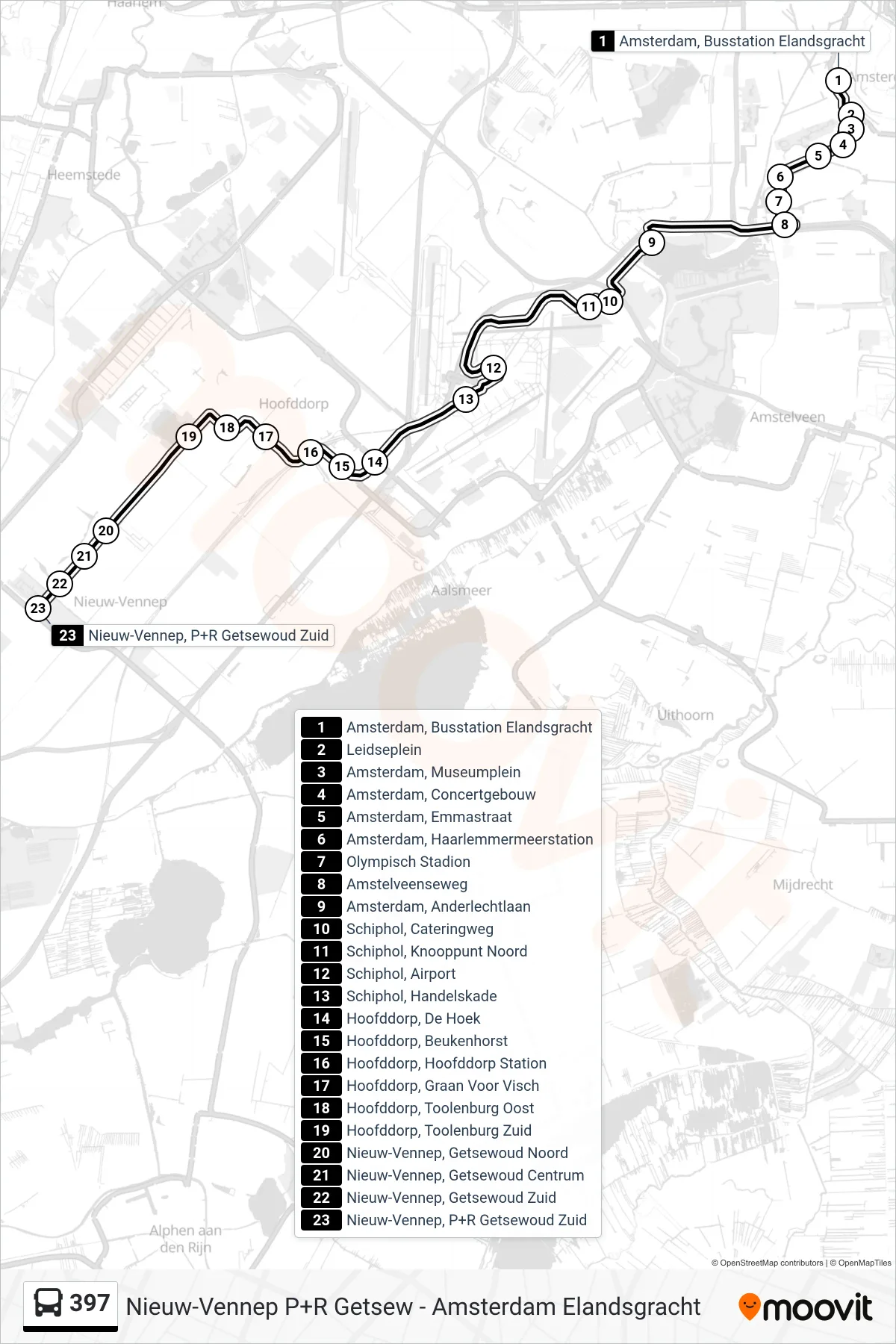 Lijn 397 (bus, Nieuw-Vennep Getsewoud P+R): route en haltes op de kaart