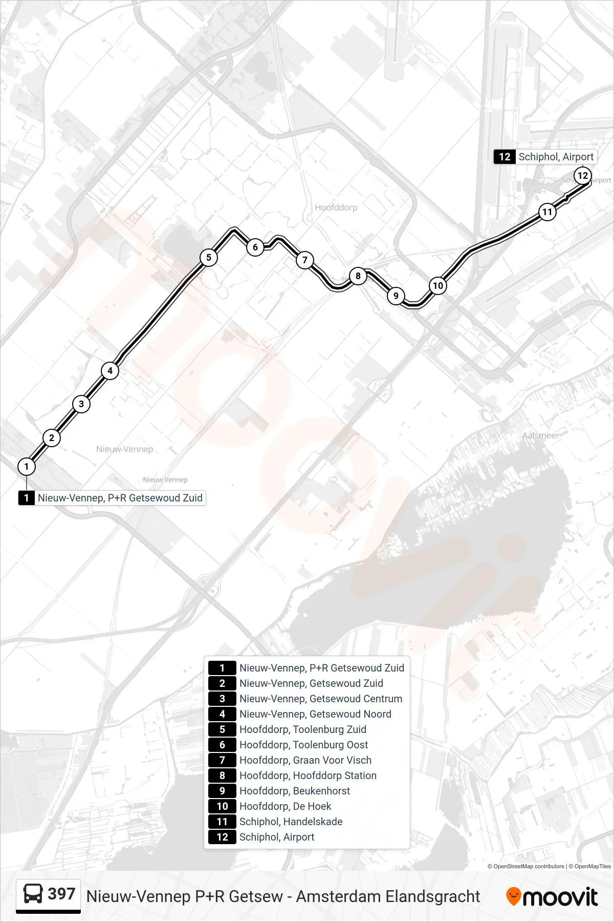 Lijn 397 (bus, Schiphol Airport): route en haltes op de kaart