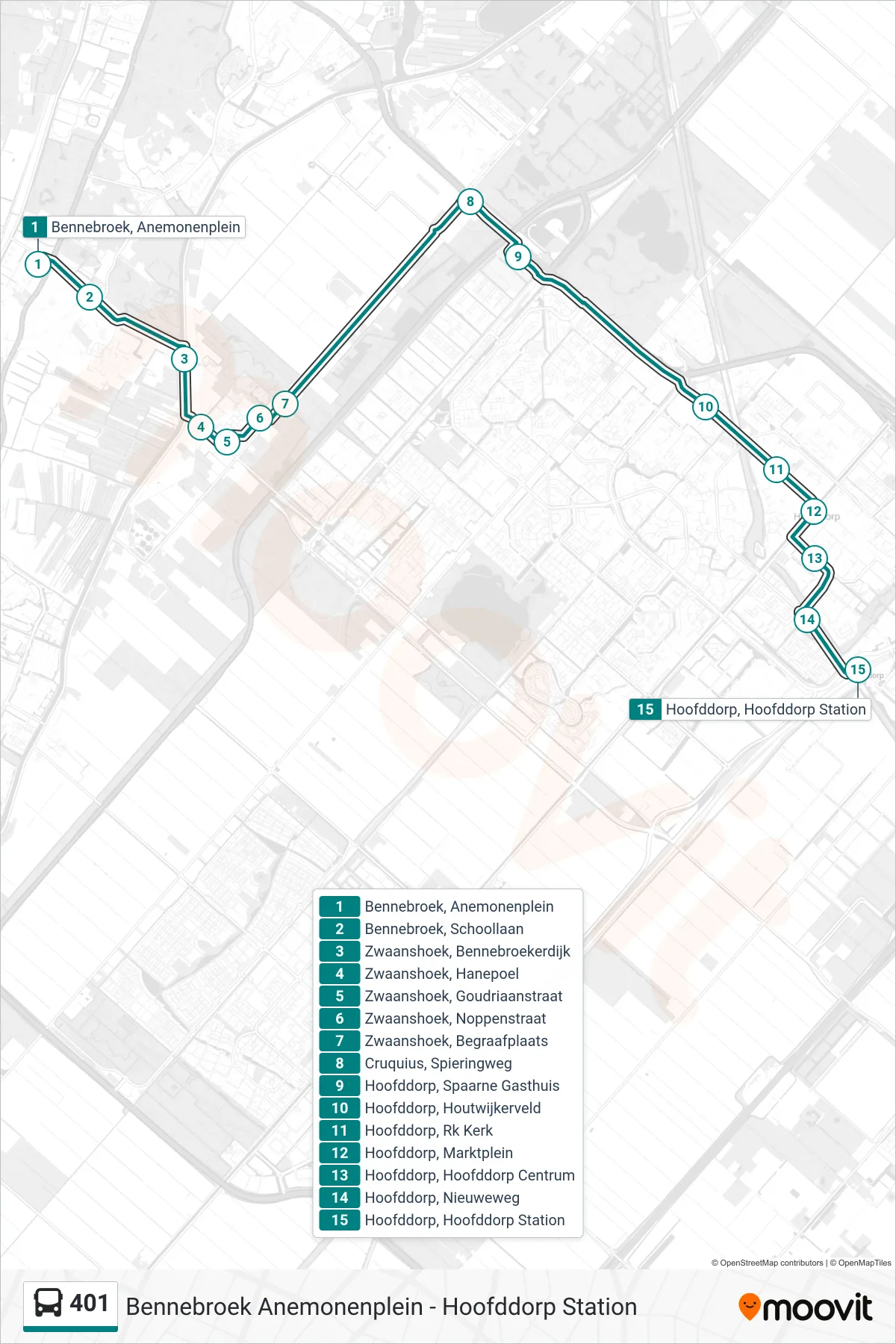 Lijn 401 (bus, Hoofddorp Station): route en haltes op de kaart