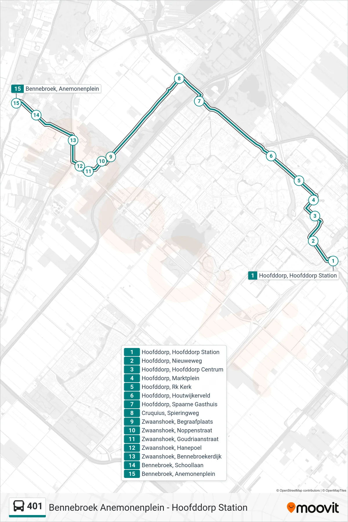 Lijn 401 (bus, Bennebroek Anemonenplein): route en haltes op de kaart