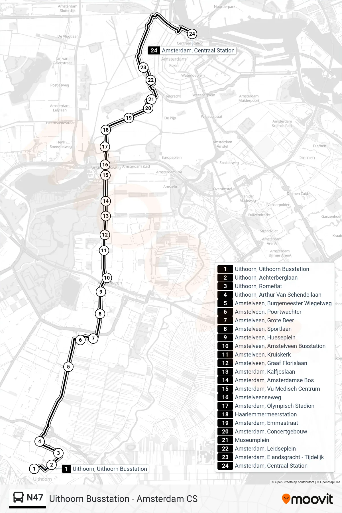 Lijn N47 (bus, Amsterdam Centraal Station): route en haltes op de kaart