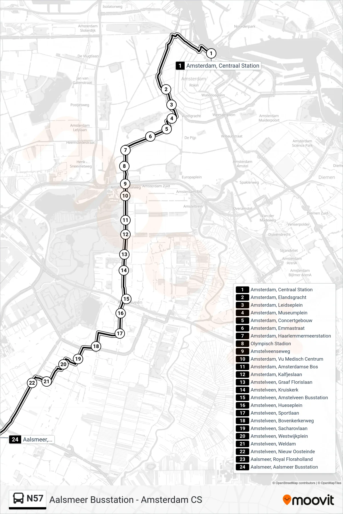 Lijn N57 (bus, Aalsmeer Busst.): route en haltes op de kaart
