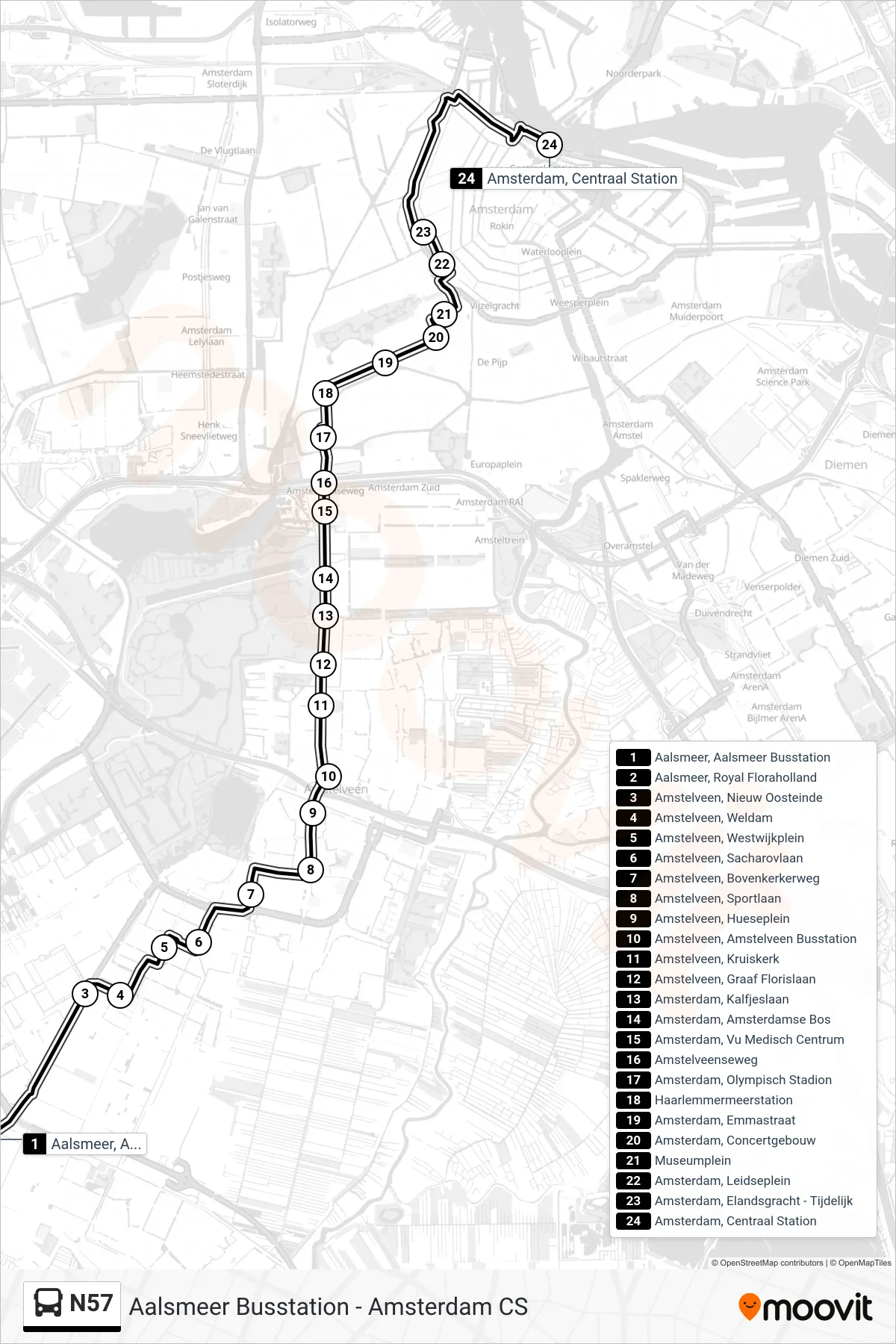 N57 bus Line (Amsterdam Centraal Station) route and stops on a map