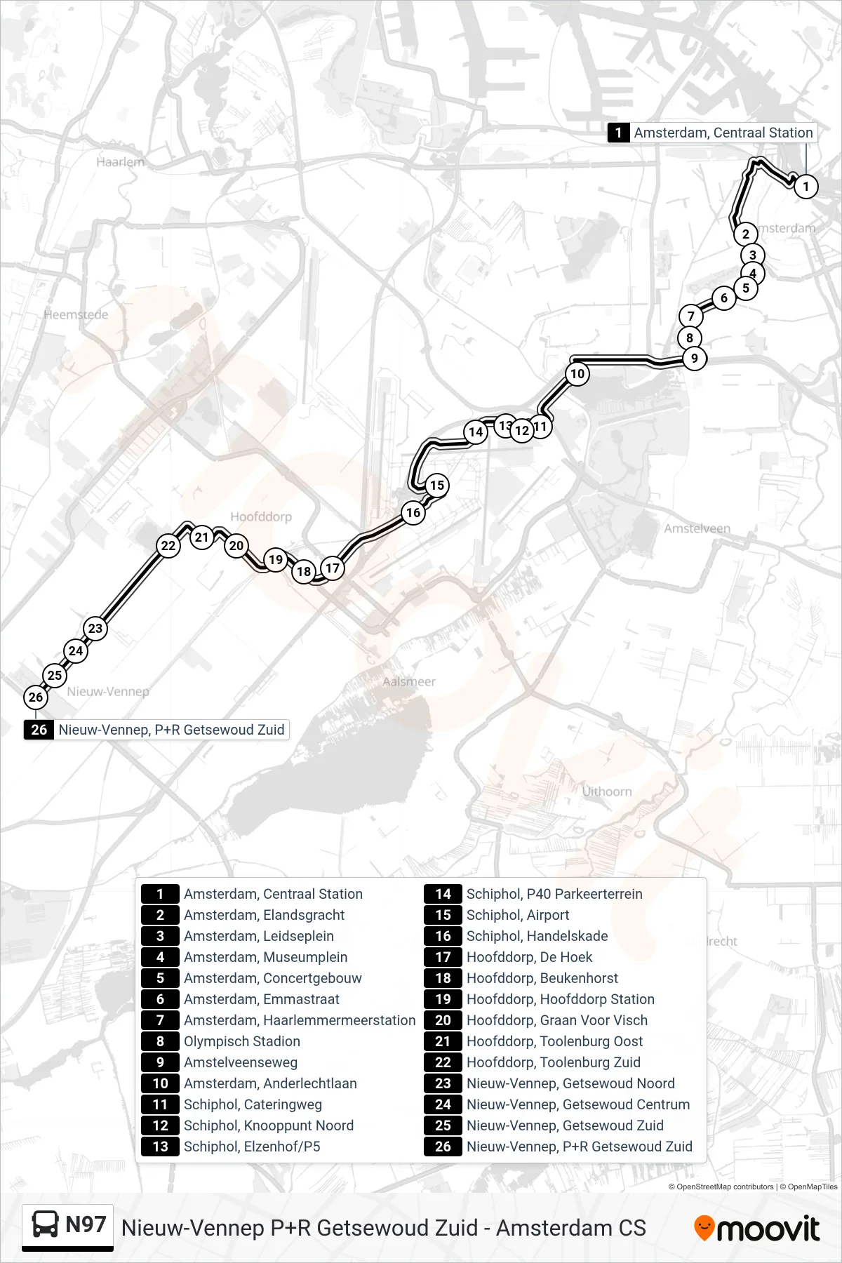 N97 bus Line (Nieuw-Vennep Getsewoud P+R) route and stops on a map