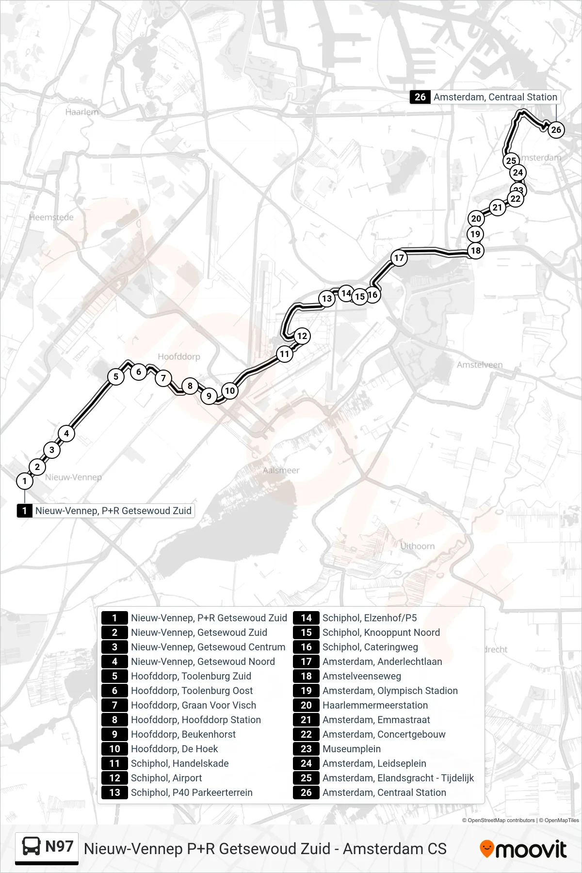 Lijn N97 (bus, Amsterdam Cs): route en haltes op de kaart