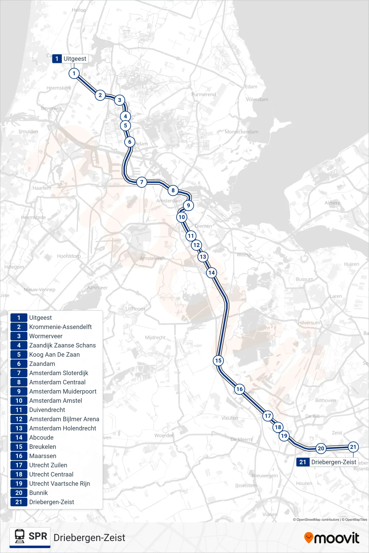 Lijn SPR (trein, Driebergen-Zeist): route en haltes op de kaart