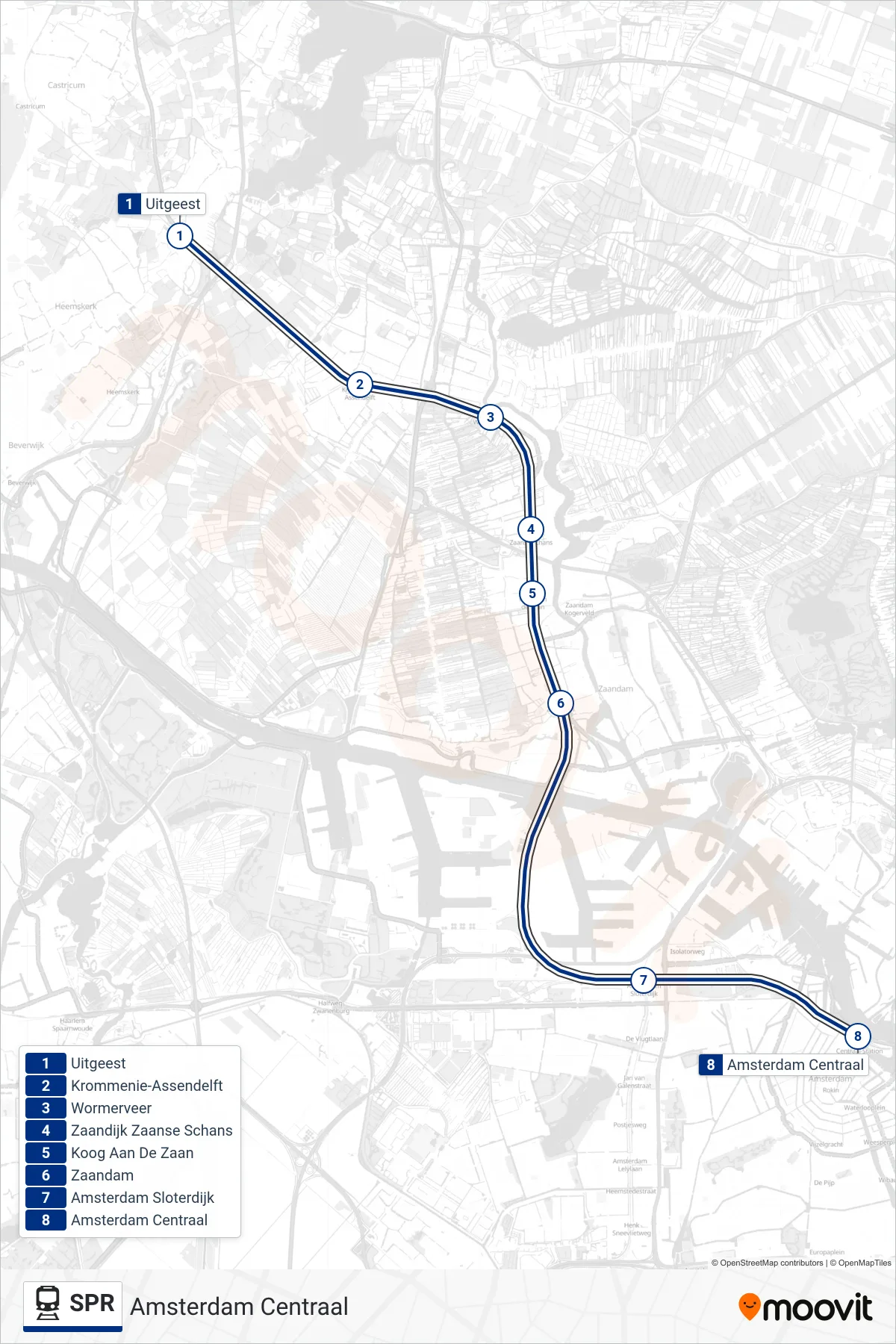 Lijn SPR (trein, Amsterdam Centraal): route en haltes op de kaart