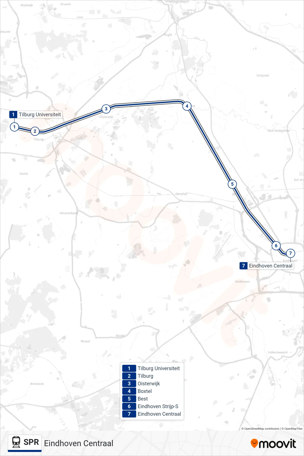 Lijn SPR (trein, Eindhoven Centraal): route en haltes op de kaart