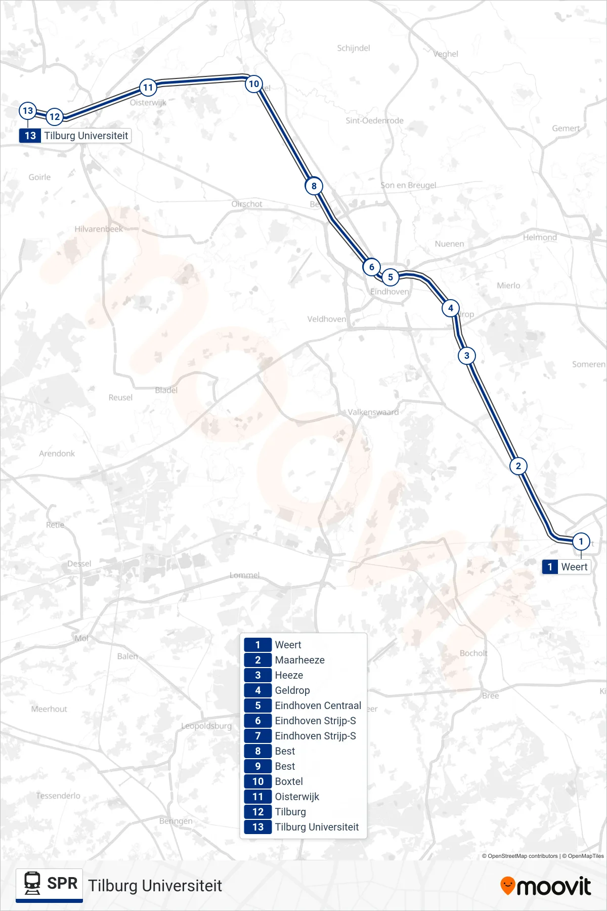 SPR train Line (Tilburg Universiteit) route and stops on a map