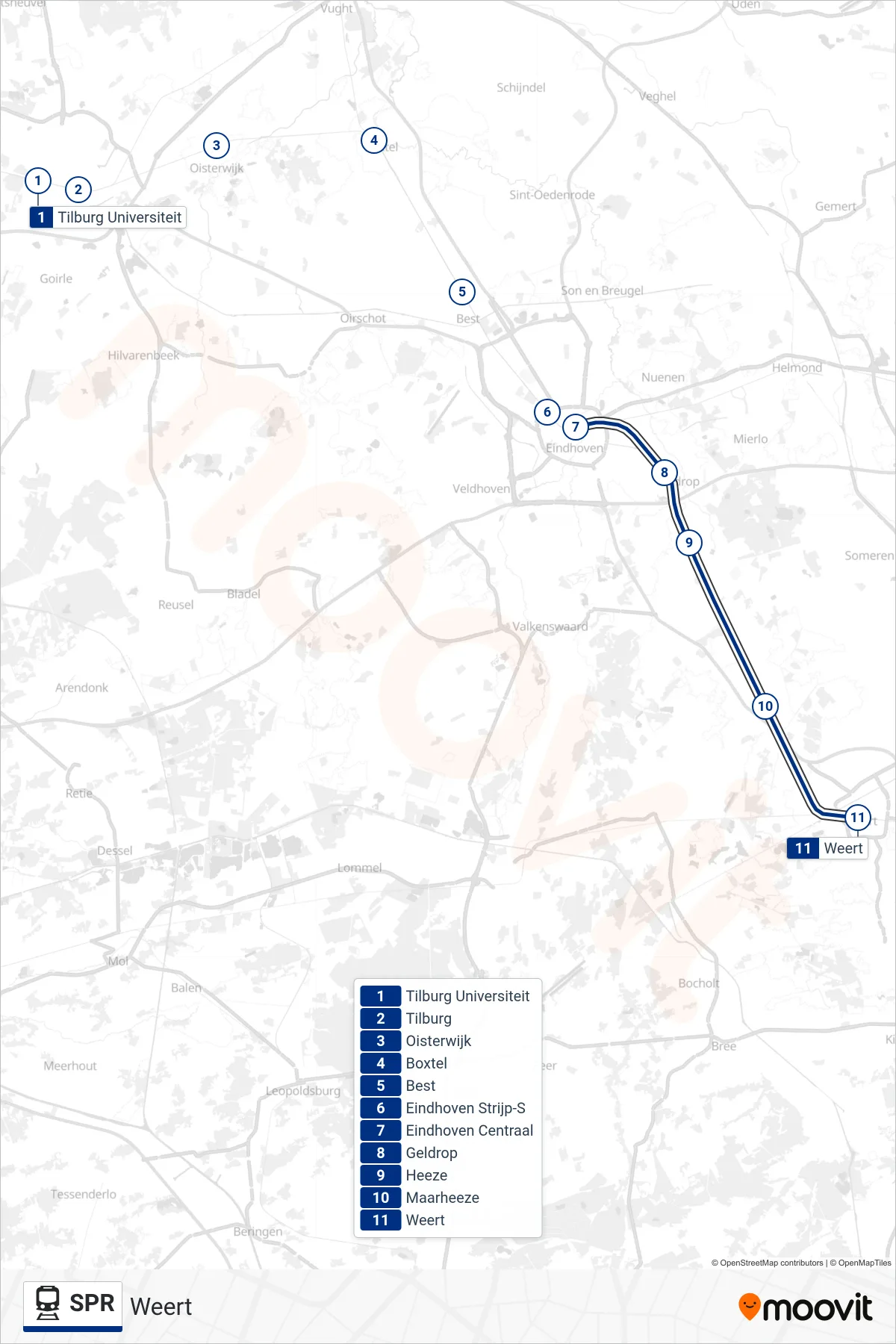 Lijn SPR (trein, Weert): route en haltes op de kaart