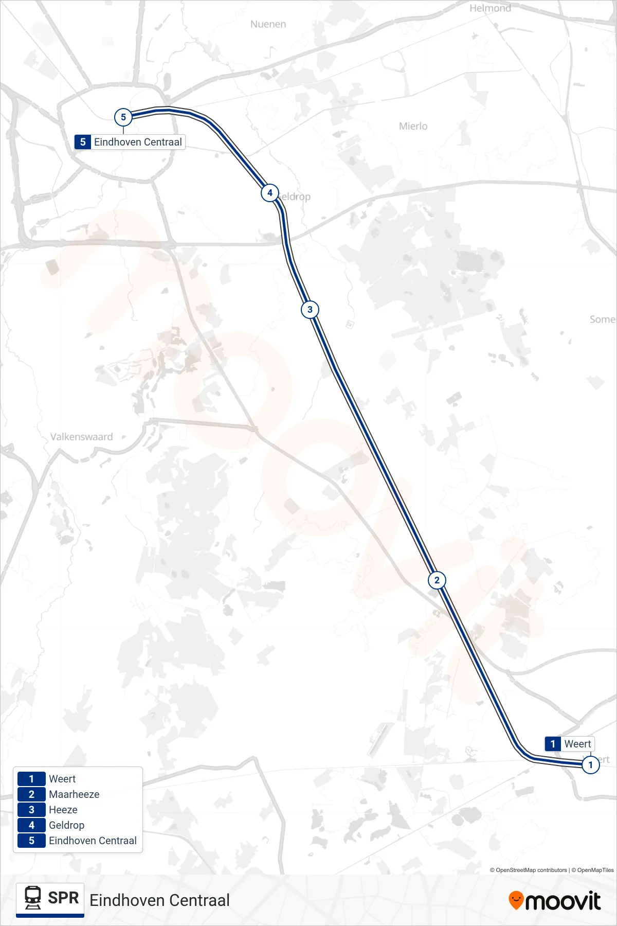 Lijn SPR (trein, Eindhoven Centraal): route en haltes op de kaart