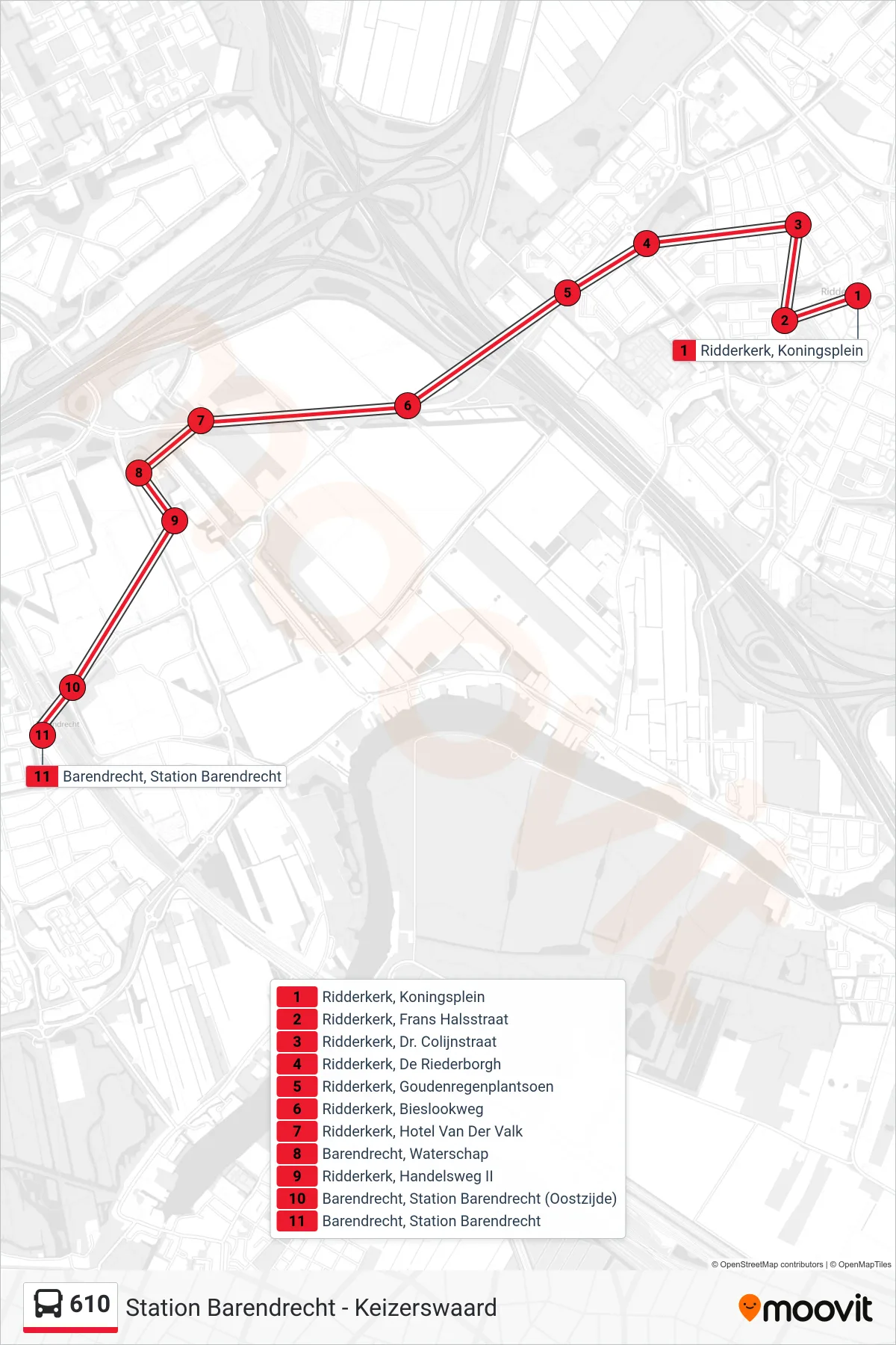Lijn 610 (bus, Station Barendrecht): route en haltes op de kaart