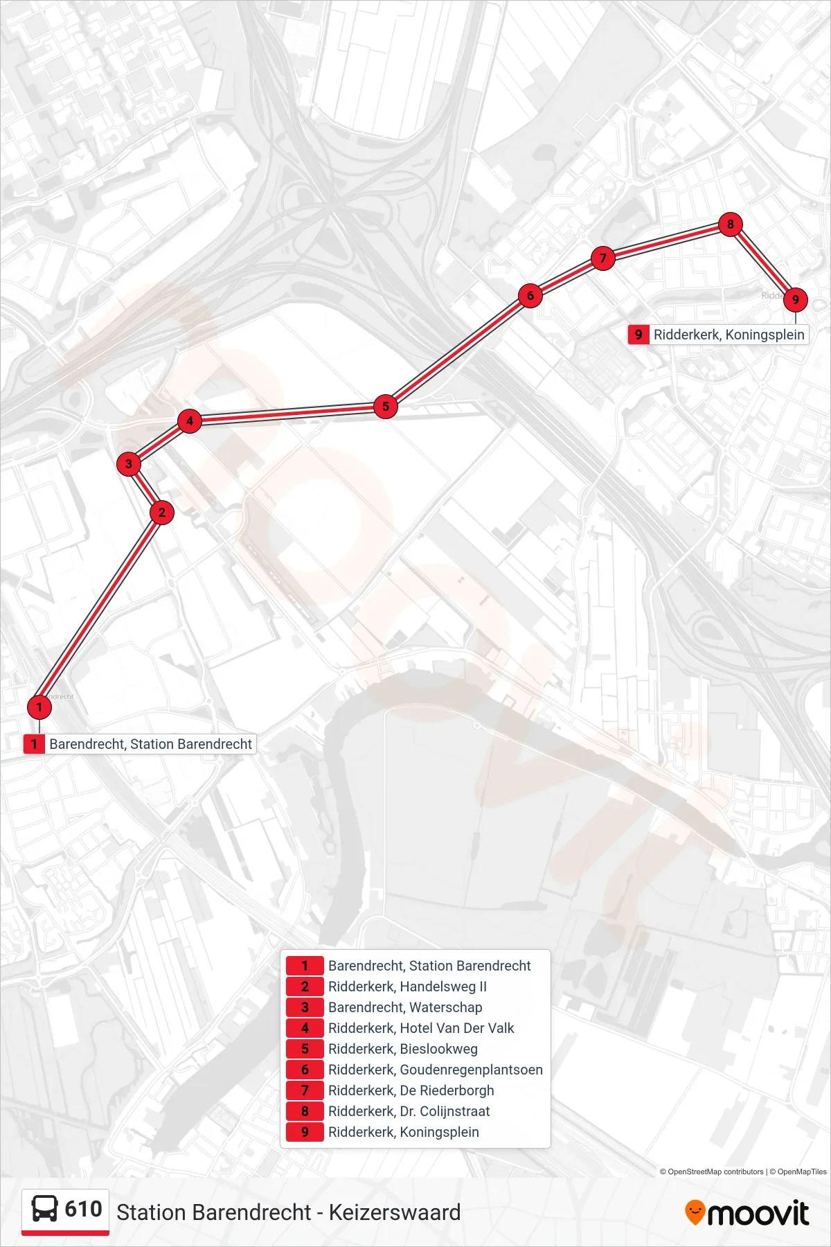 Lijn 610 (bus, Ridderkerk Koningsplein): route en haltes op de kaart