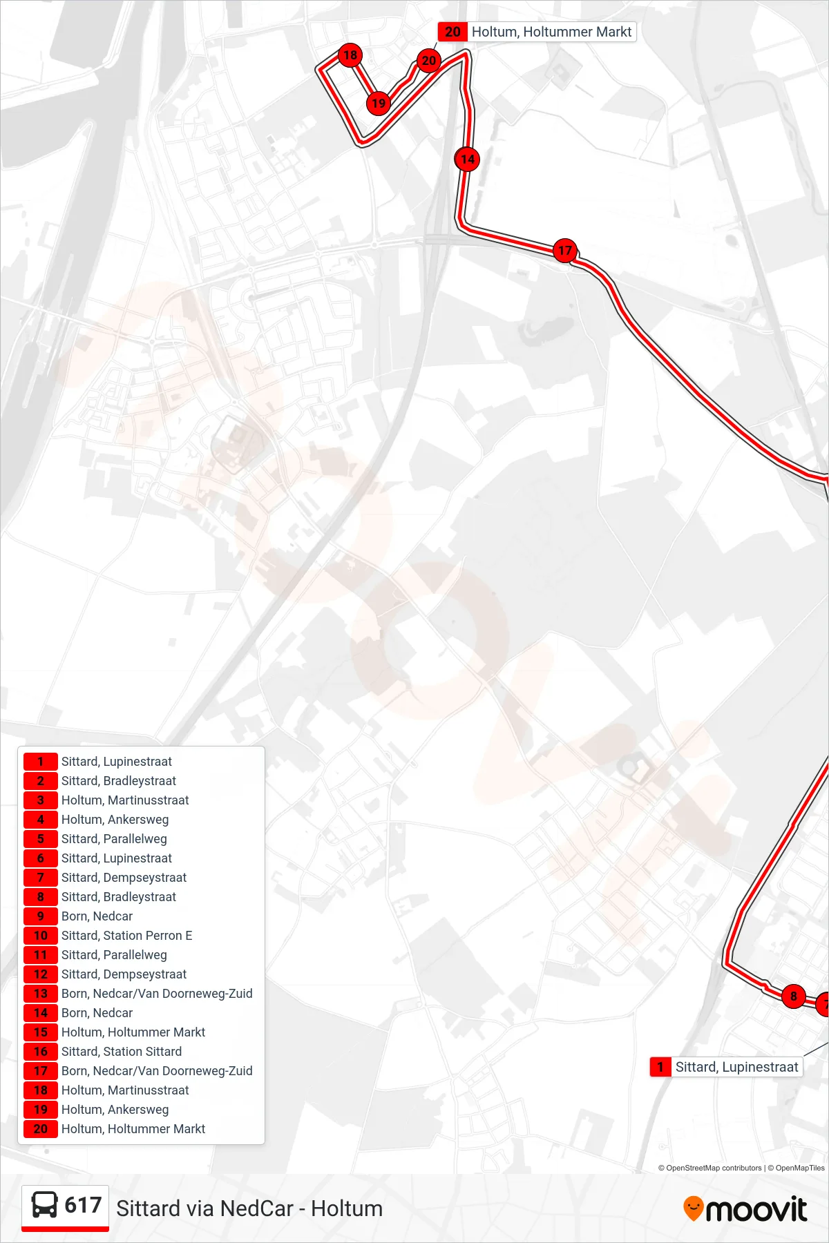 Lijn 617 (bus, Holtum): route en haltes op de kaart