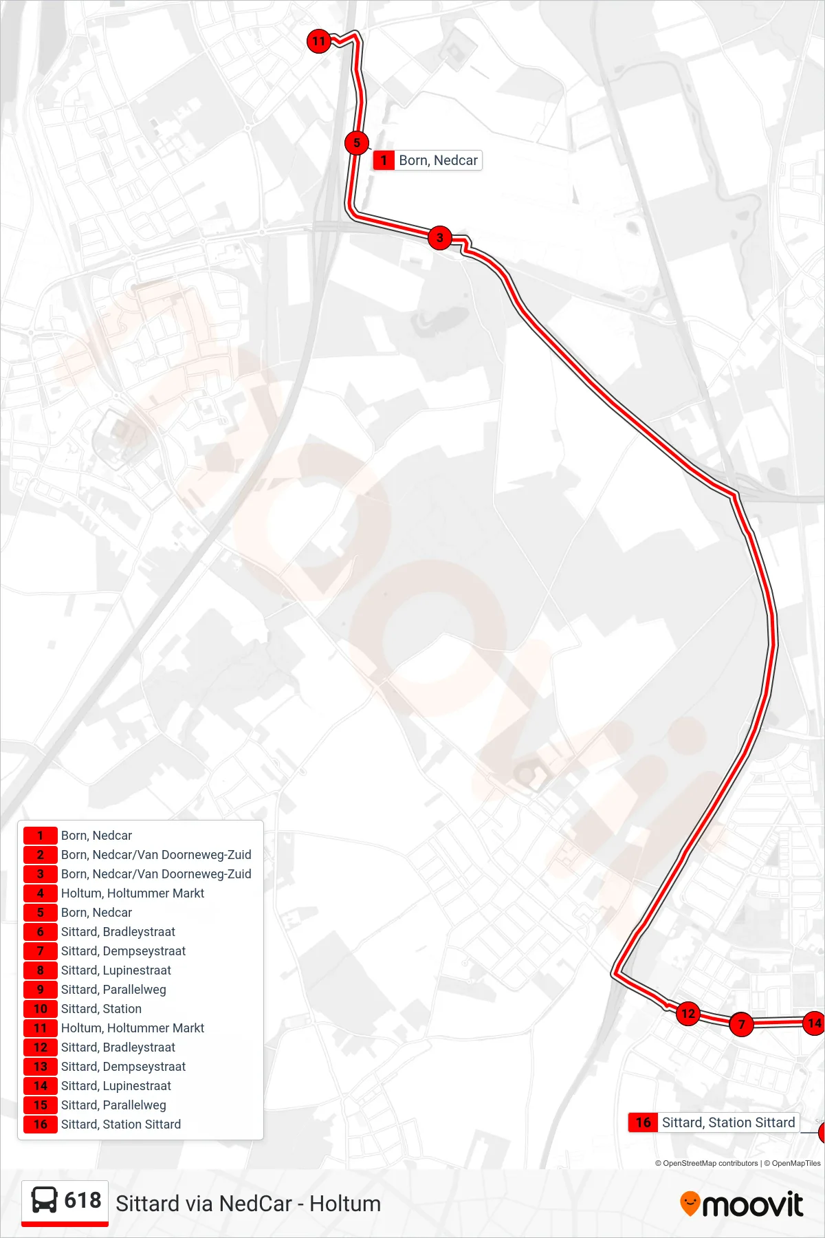 Lijn 618 (bus, Sittard Station): route en haltes op de kaart