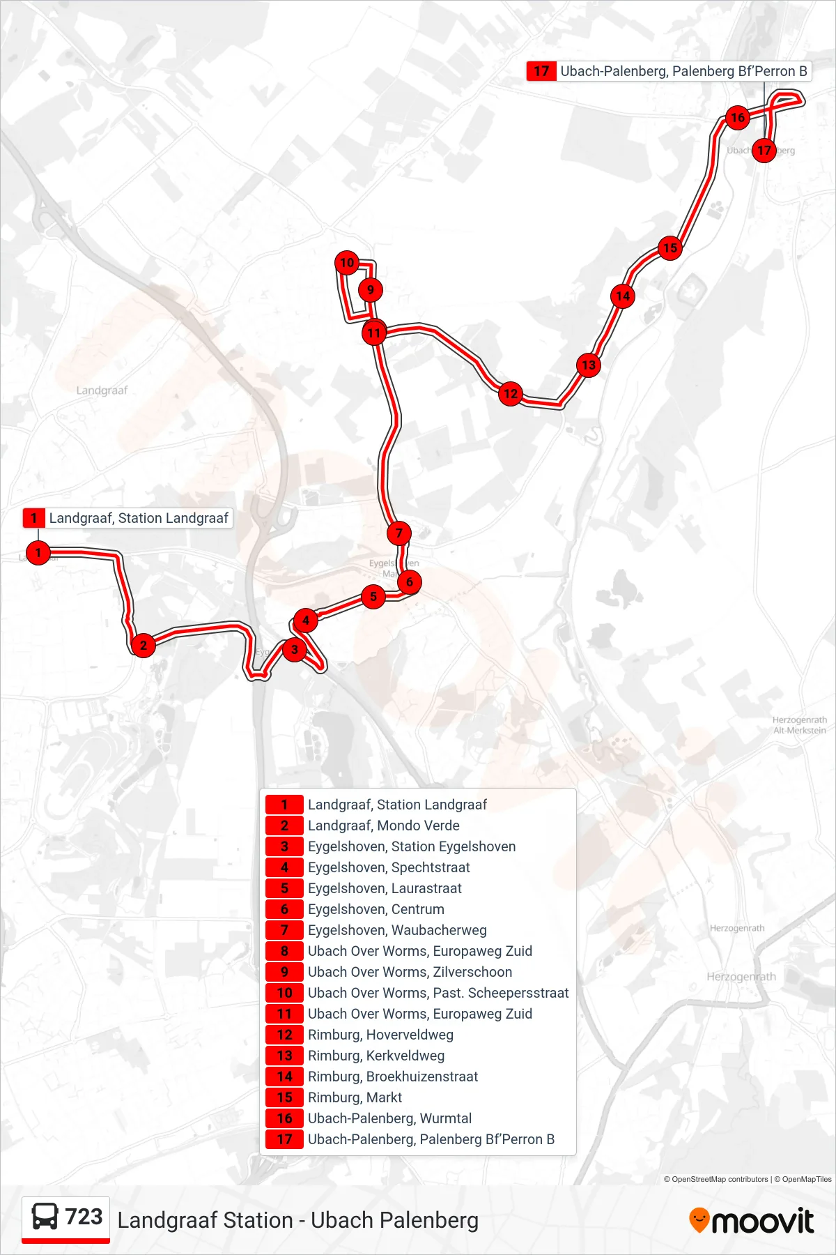 723 bus Line (Ubach Palenberg) route and stops on a map