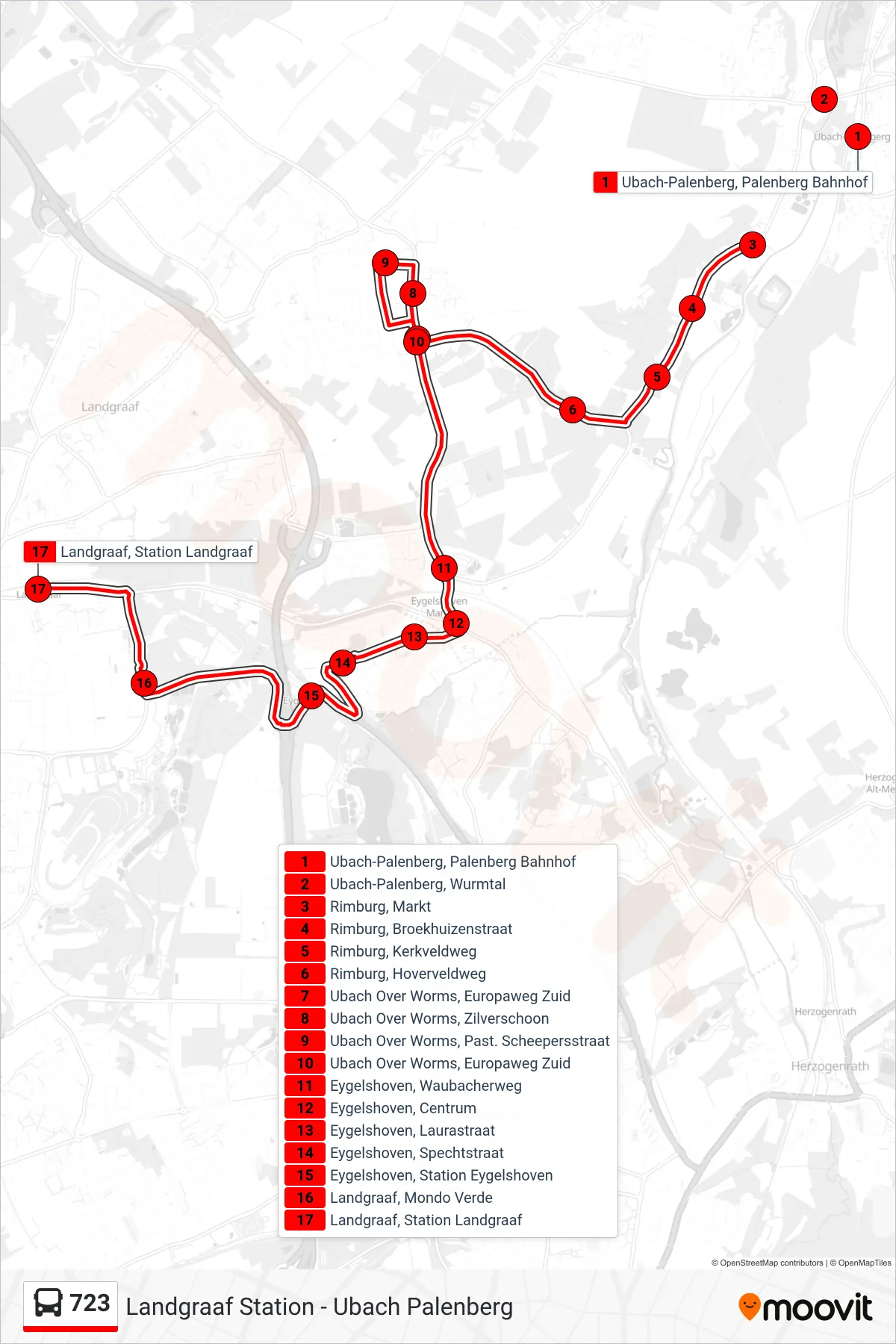 Lijn 723 (bus, Landgraaf Station): route en haltes op de kaart