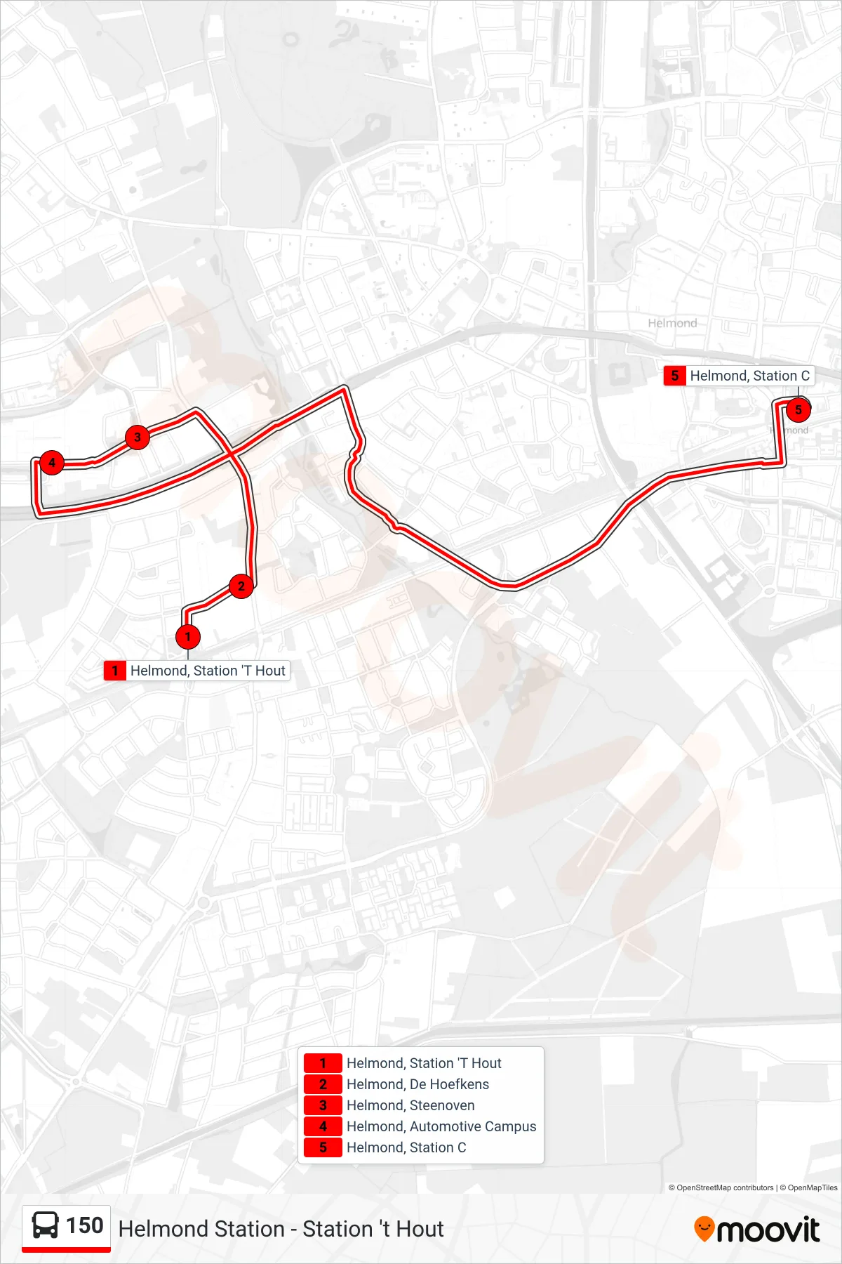 Lijn 150 (bus, Helmond Station): route en haltes op de kaart