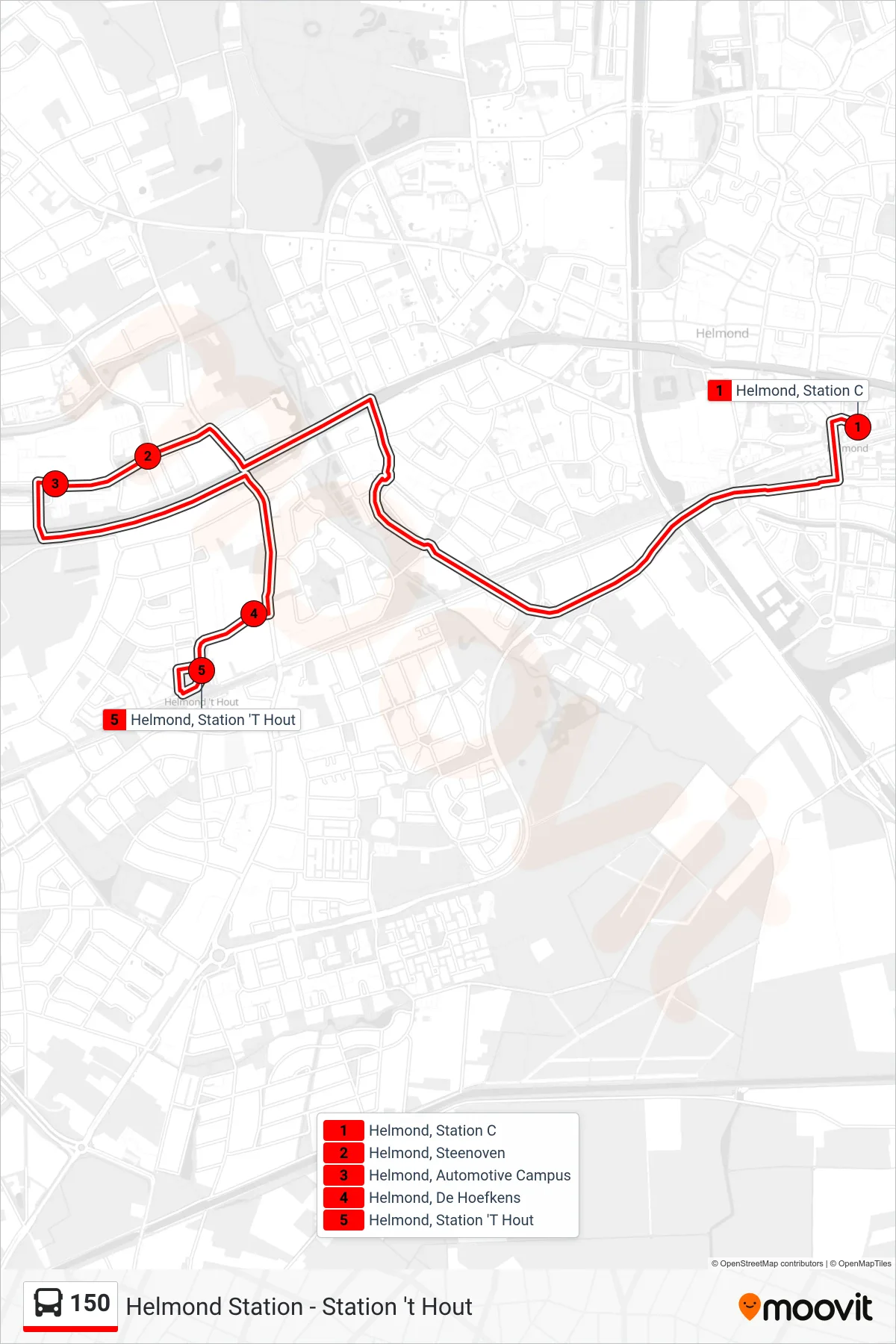 Lijn 150 (bus, Station T Hout): route en haltes op de kaart