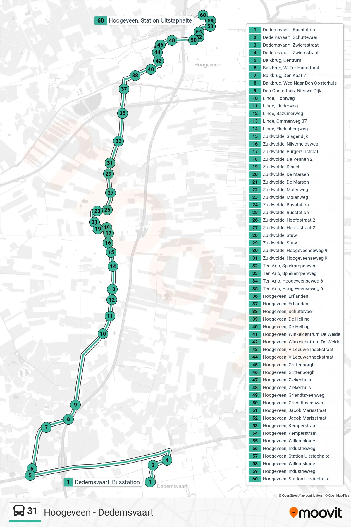 Lijn 31 (bus, Hoogeveen): route en haltes op de kaart