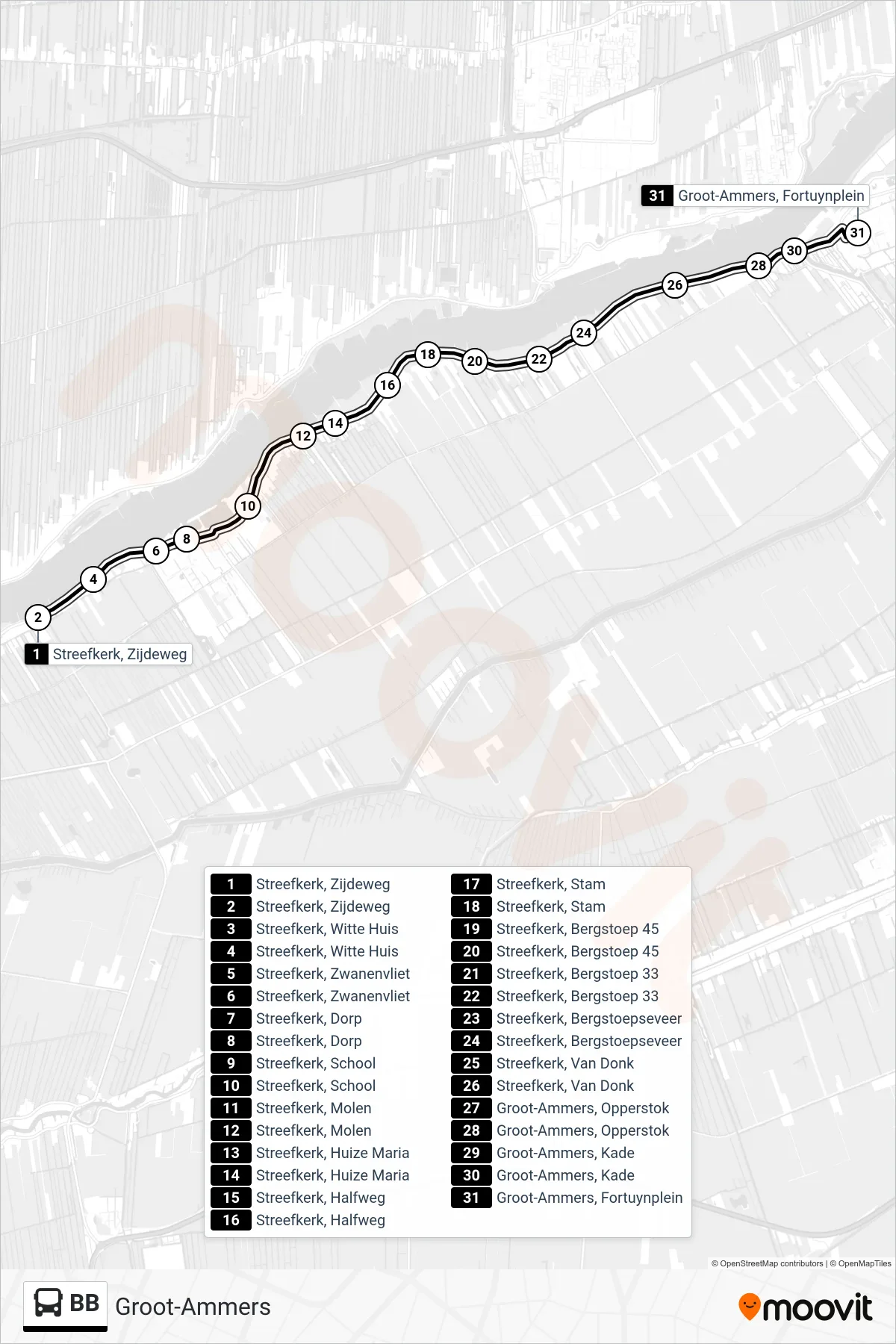 Lijn BB (bus, Groot-Ammers): route en haltes op de kaart