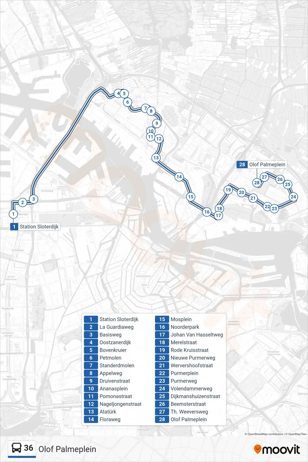 Lijn 36 (bus, Olof Palmeplein): route en haltes op de kaart