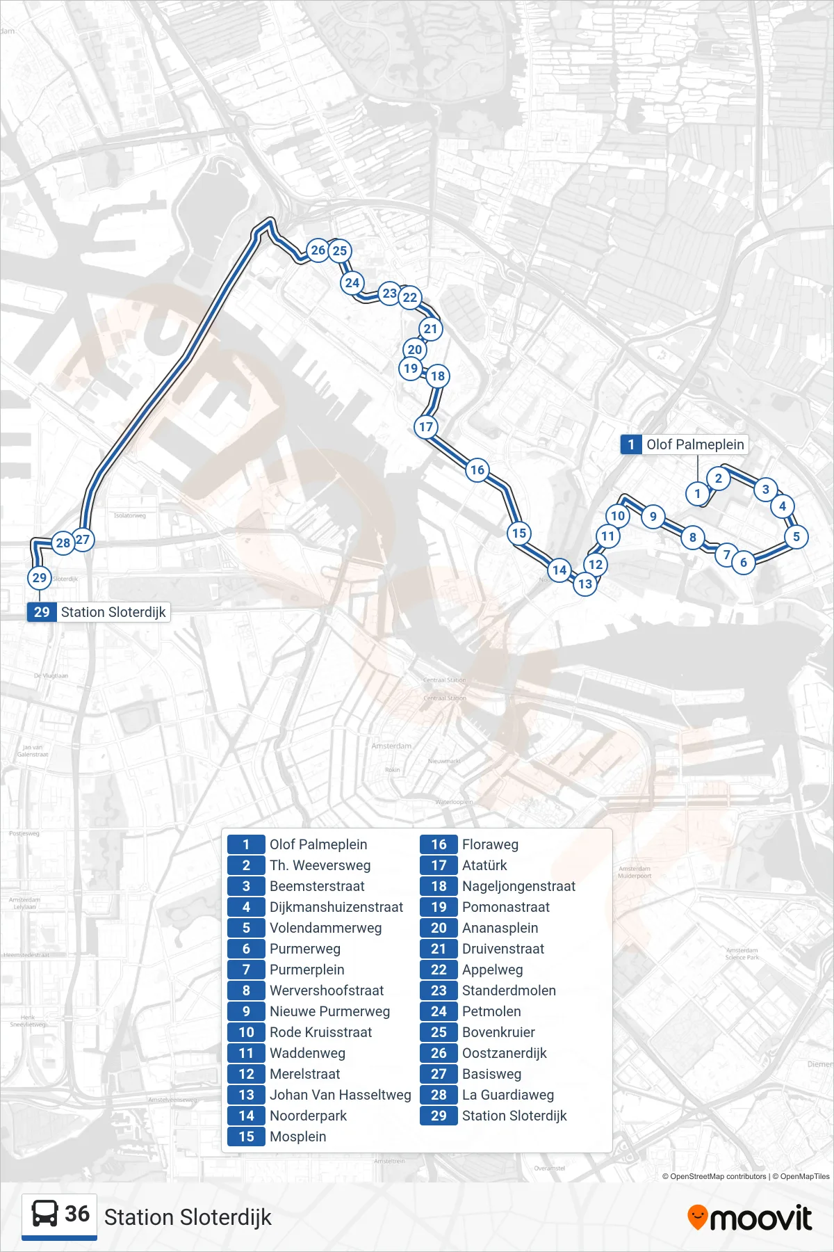 Lijn 36 (bus, Station Sloterdijk): route en haltes op de kaart