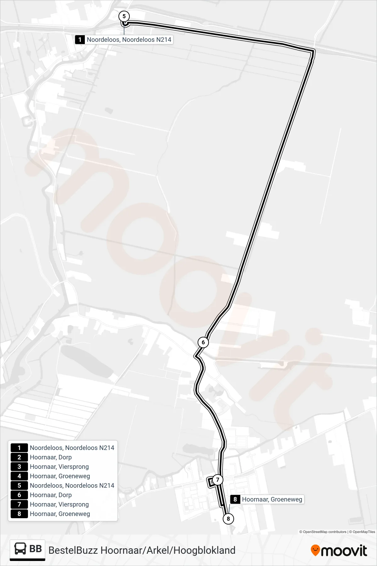 Lijn BB (bus, Hoornaar): route en haltes op de kaart