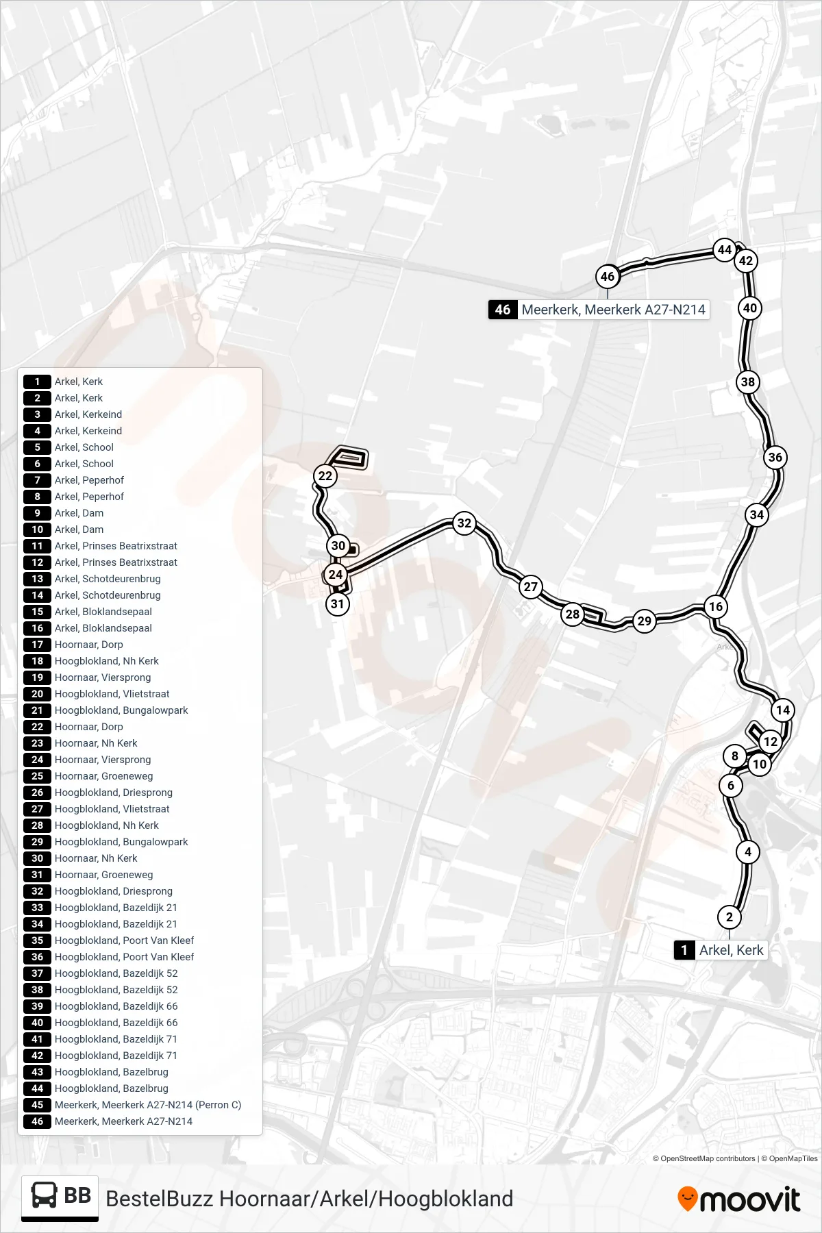 Lijn BB (bus, Meerkerk A27-N214): route en haltes op de kaart