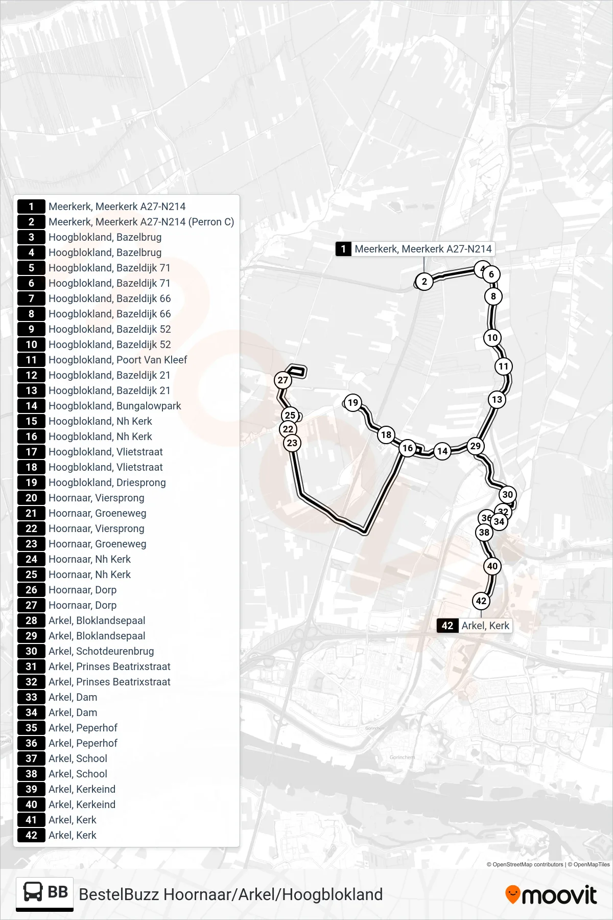 Lijn BB (bus, Hoornaar/Arkel): route en haltes op de kaart