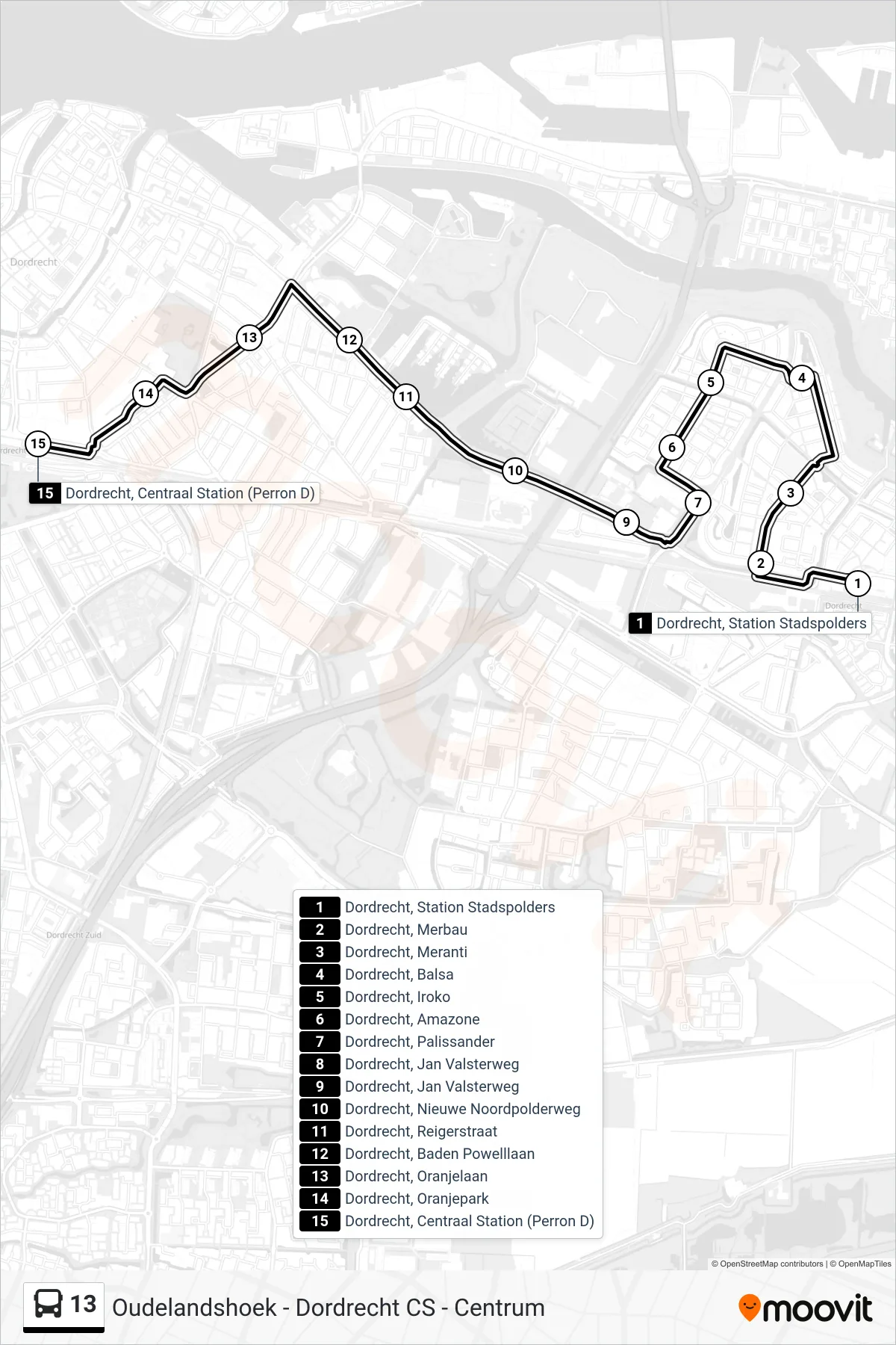 Lijn 13 (bus, Dordrecht Cs): route en haltes op de kaart