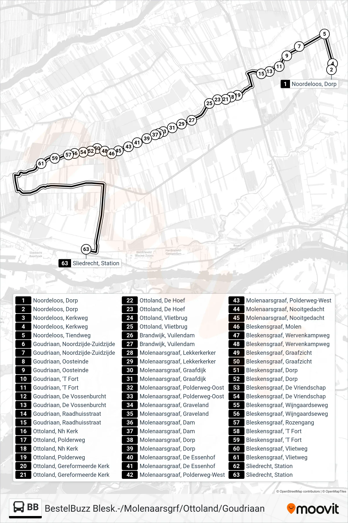 Lijn BB (bus, Sliedrecht Station): route en haltes op de kaart